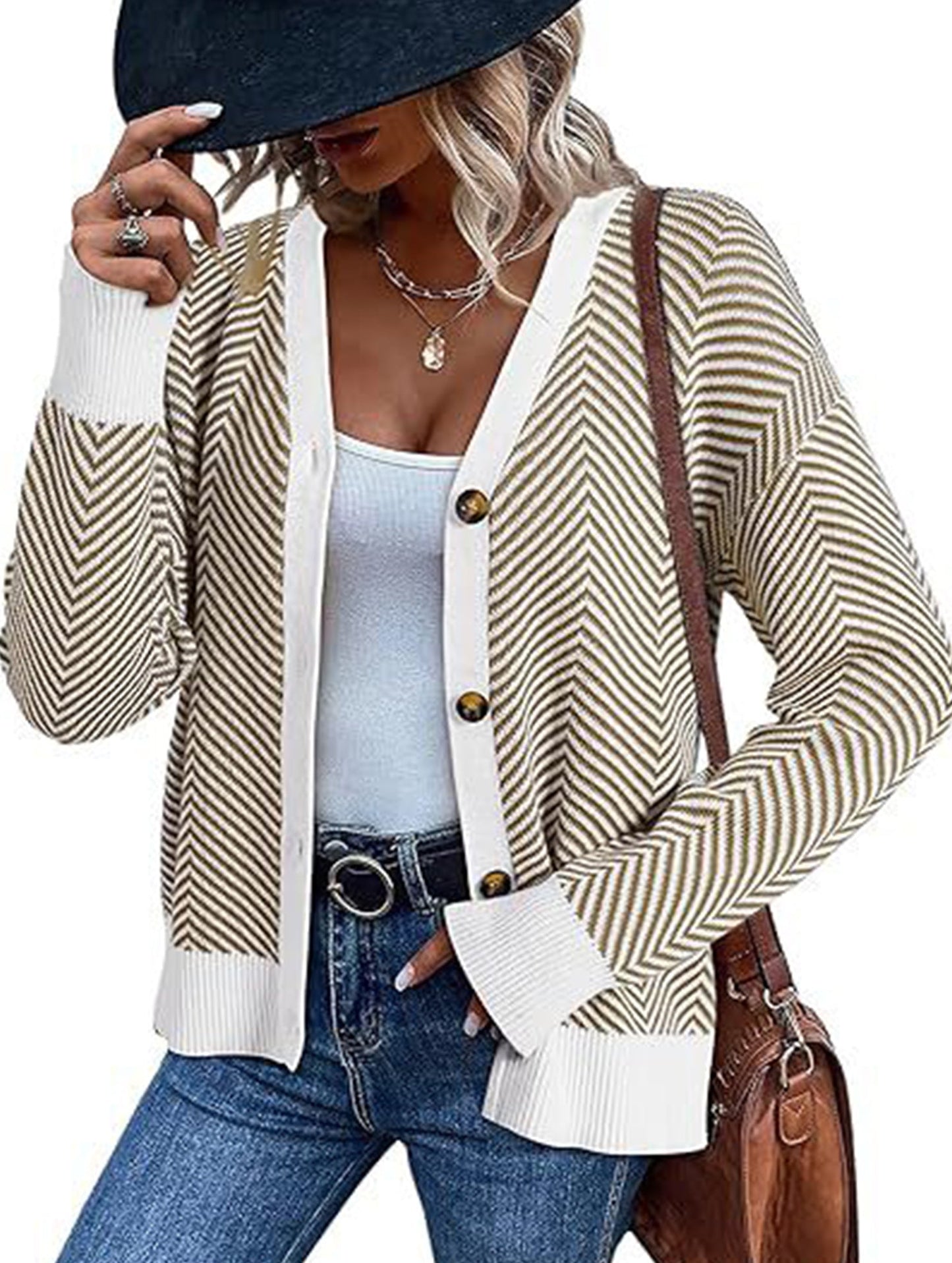 Striped V-neck loose knit cardigan