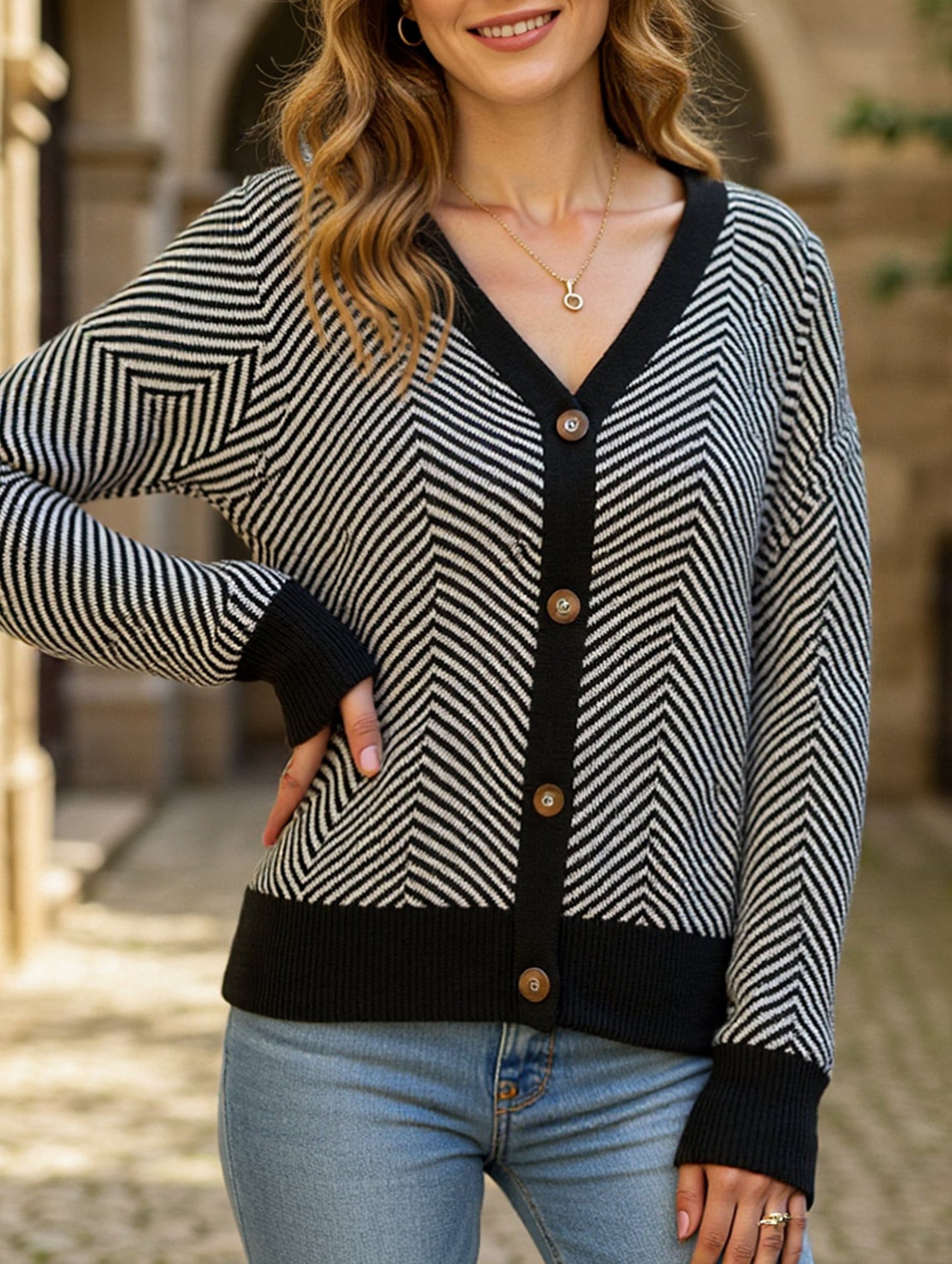 Striped V-neck loose knit cardigan