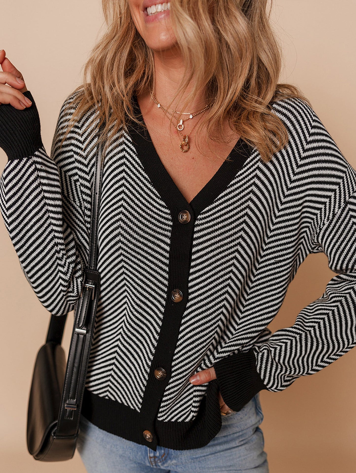 Striped V-neck loose knit cardigan