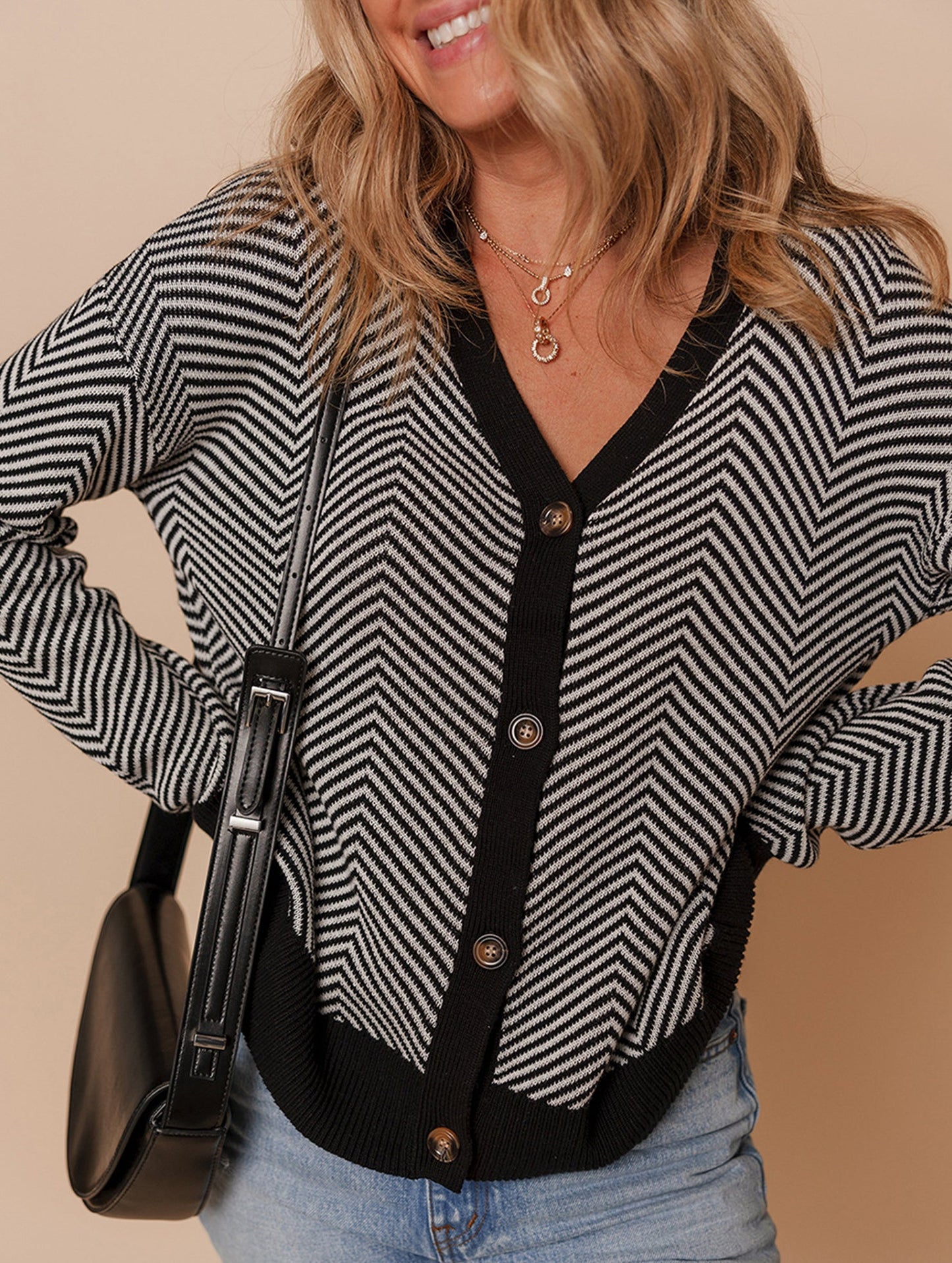 Striped V-neck loose knit cardigan