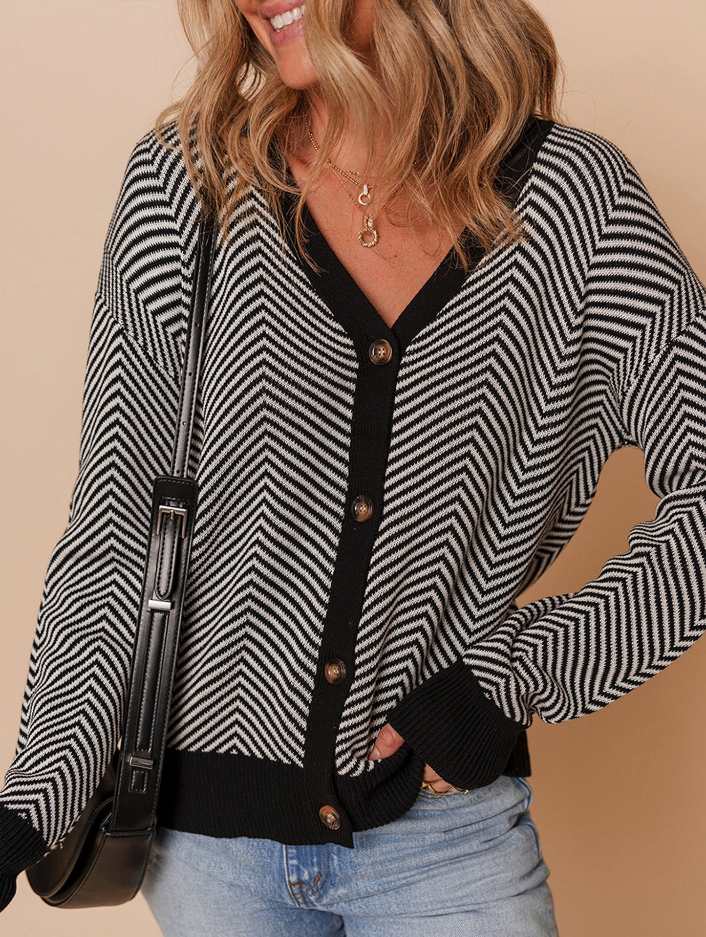 Striped V-neck loose knit cardigan