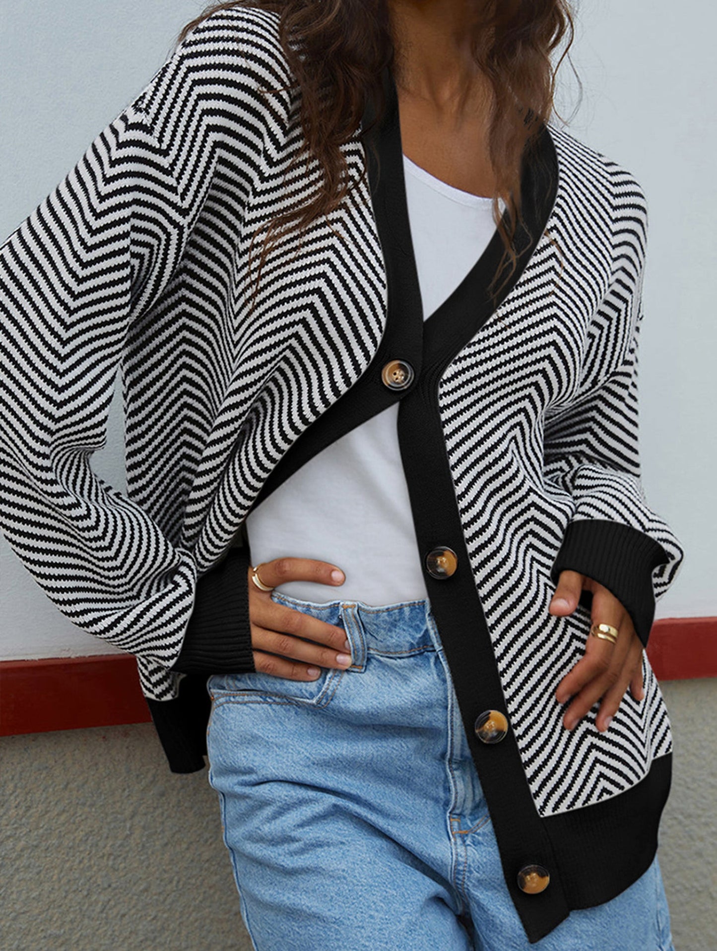 Striped V-neck loose knit cardigan
