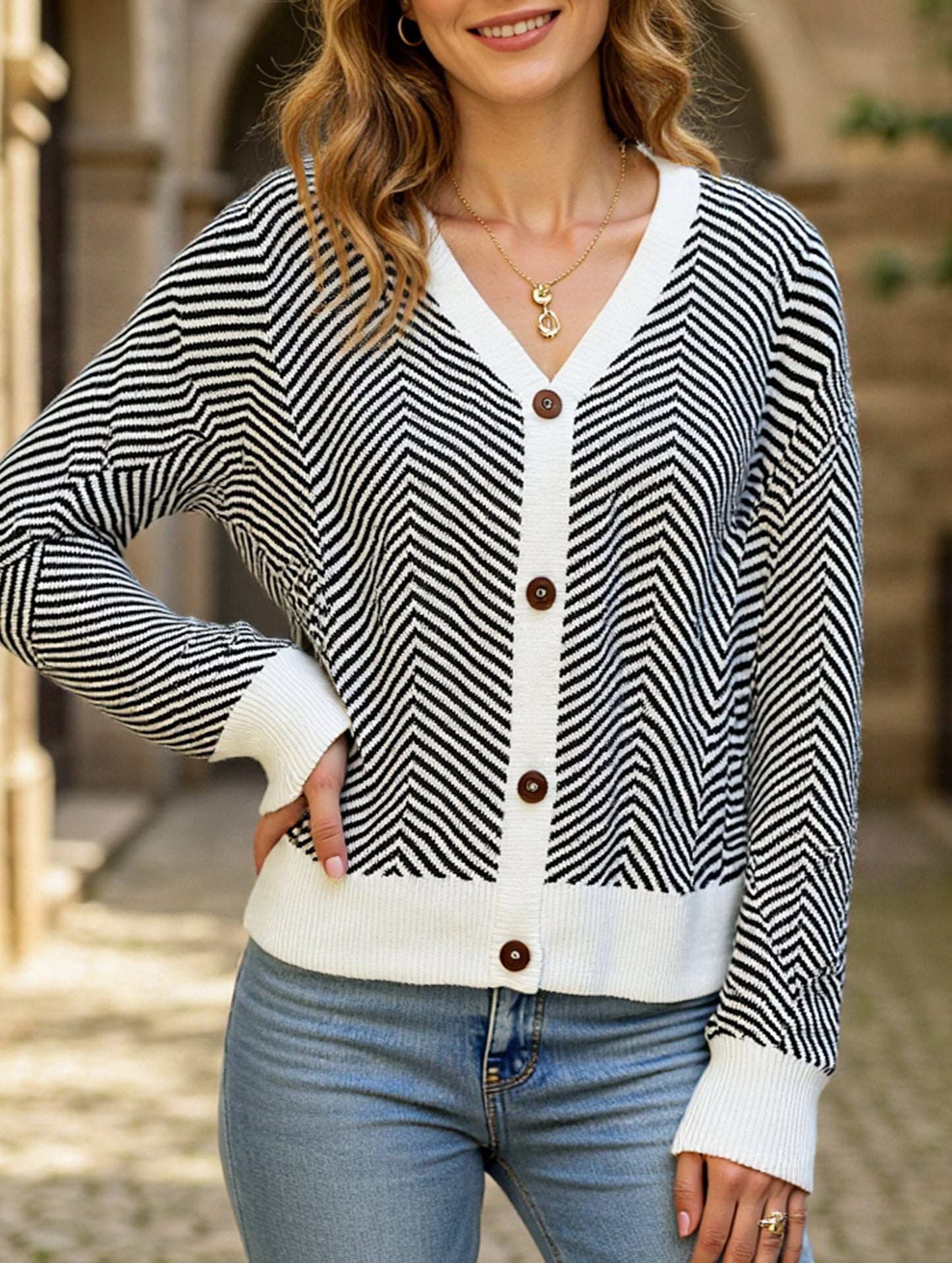 Striped V-neck loose knit cardigan