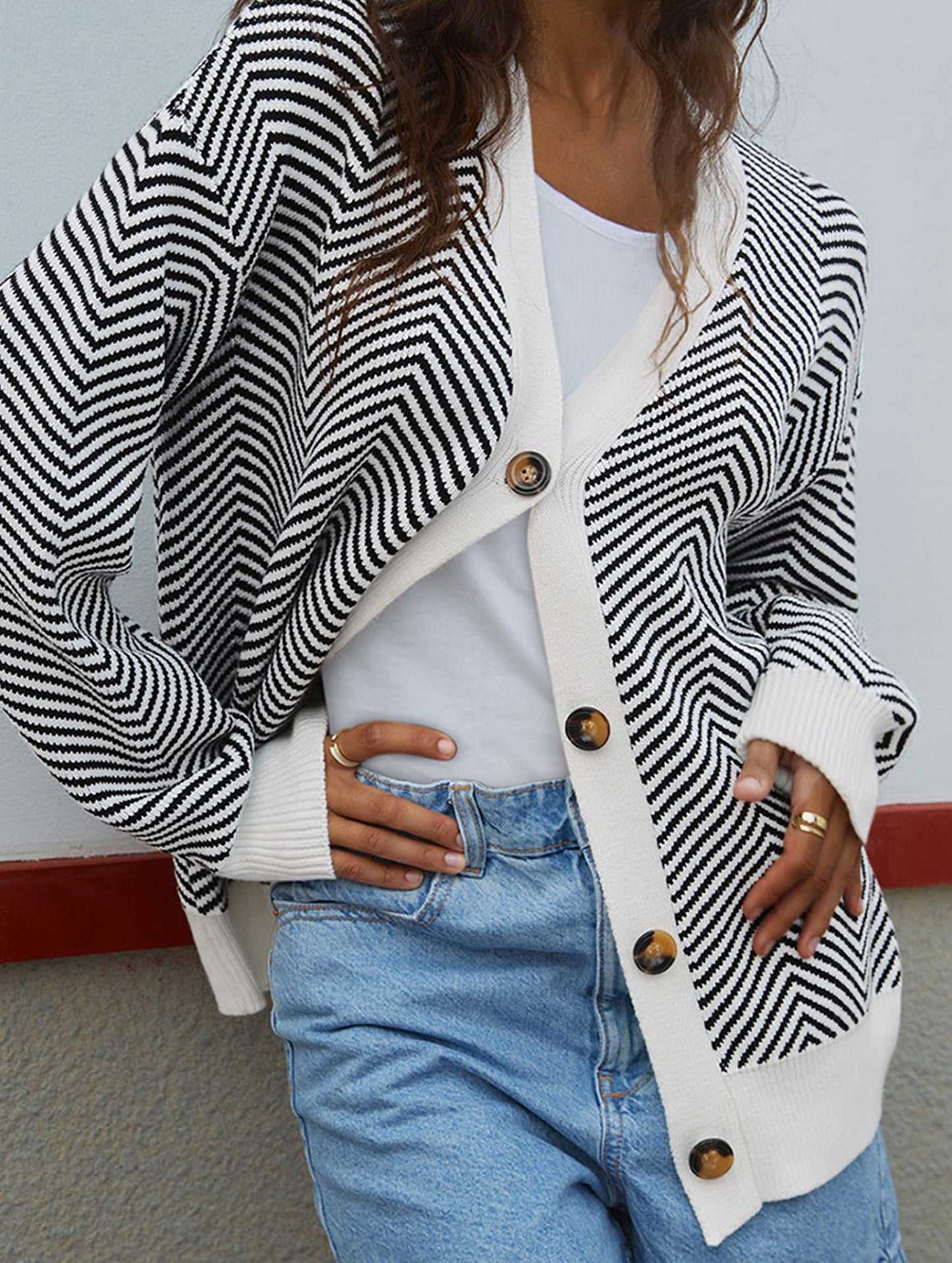 Striped V-neck loose knit cardigan