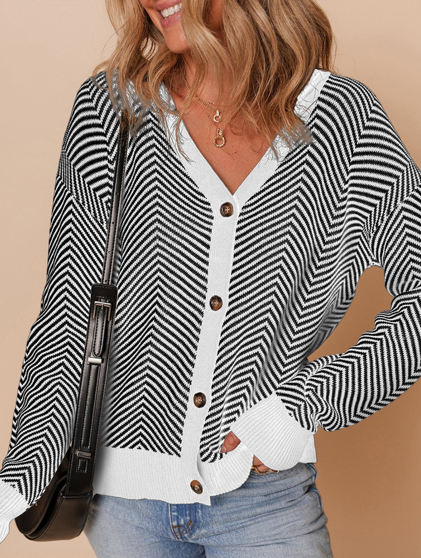 Striped V-neck loose knit cardigan