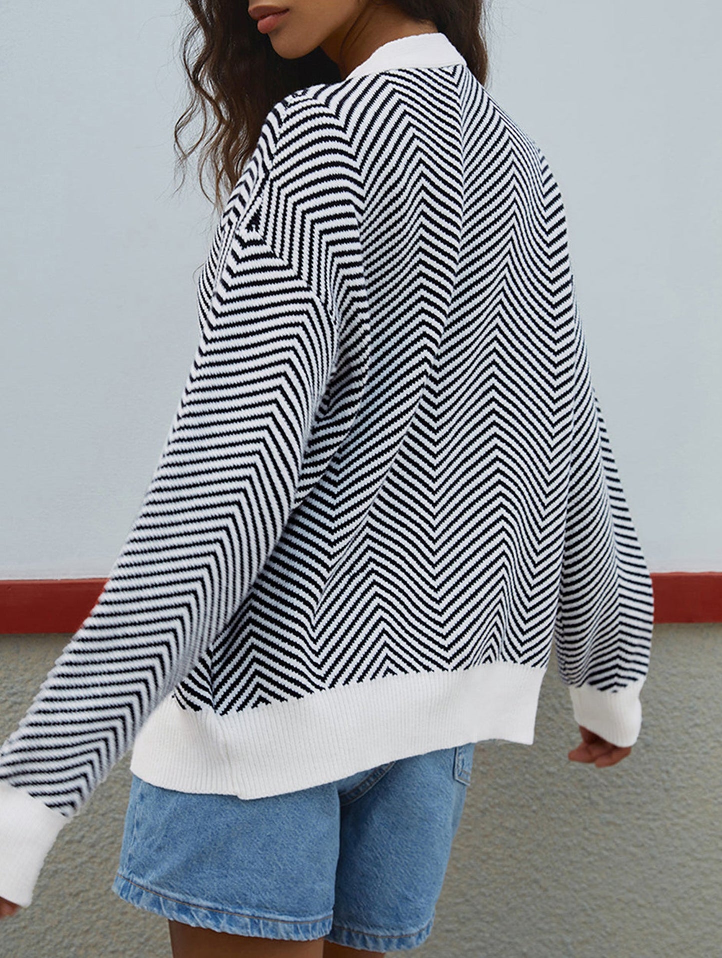 Striped V-neck loose knit cardigan
