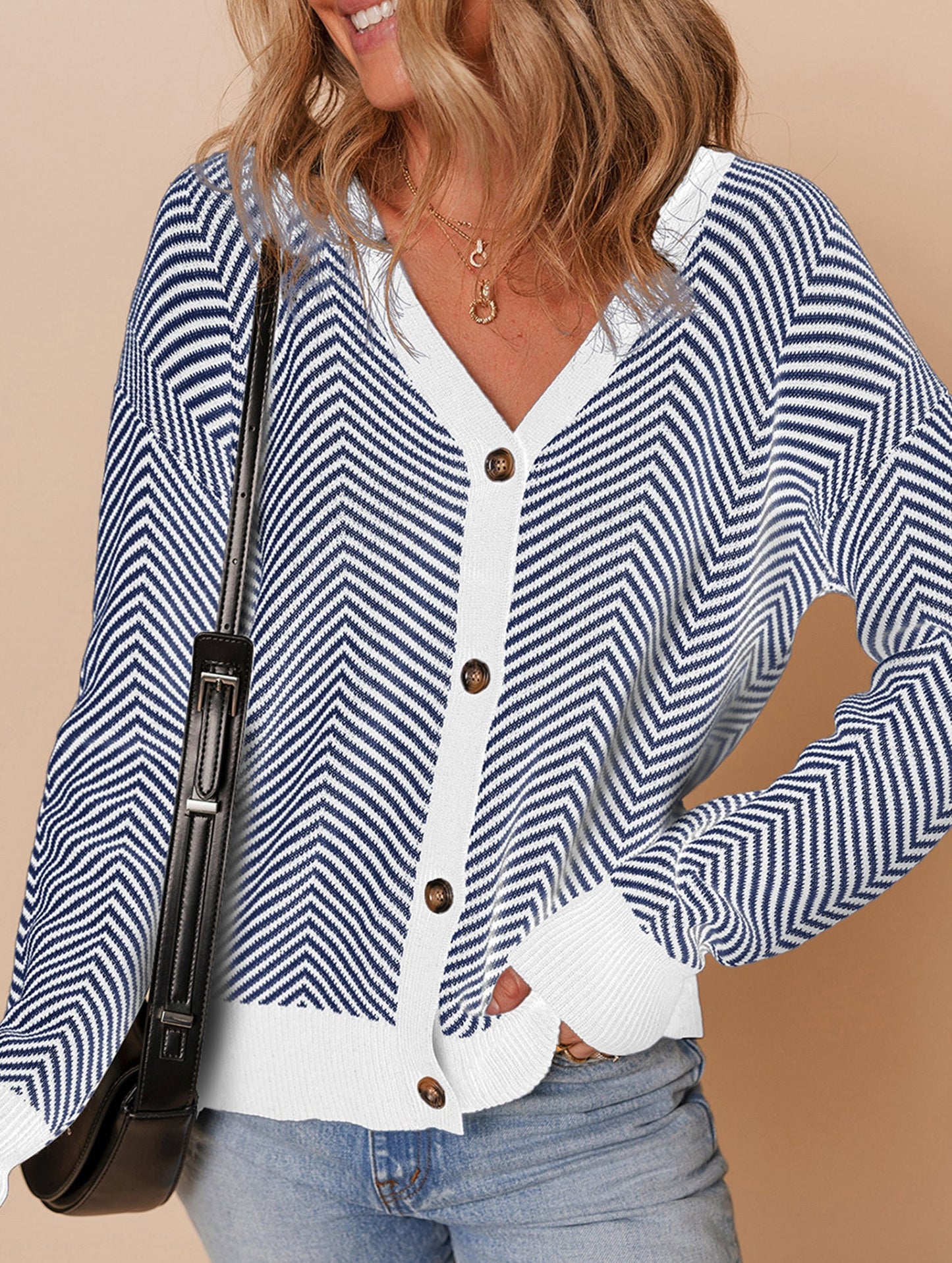 Striped V-neck loose knit cardigan