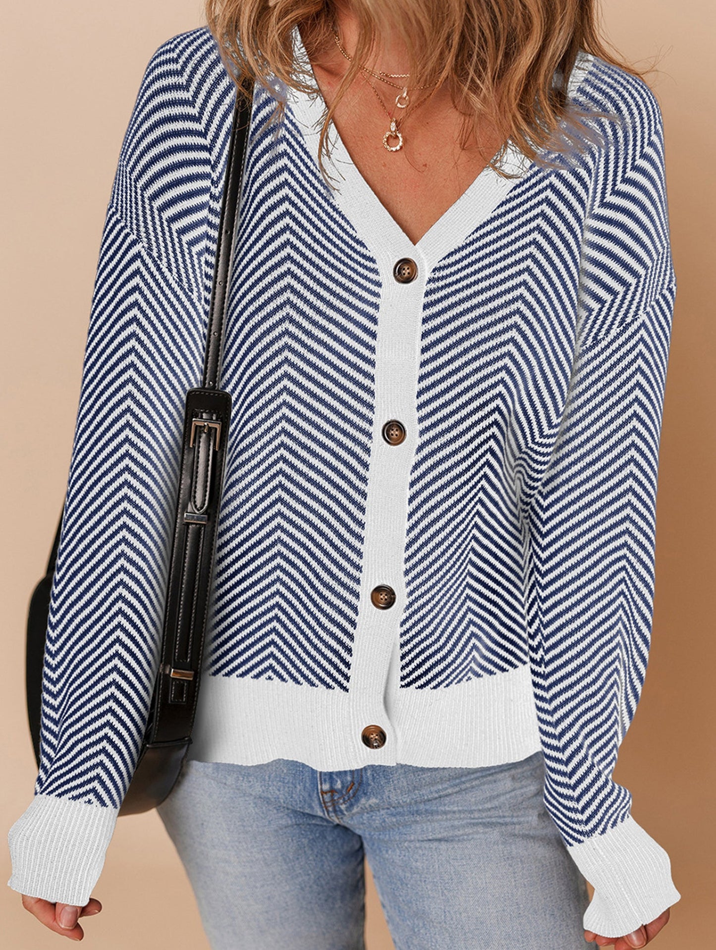 Striped V-neck loose knit cardigan