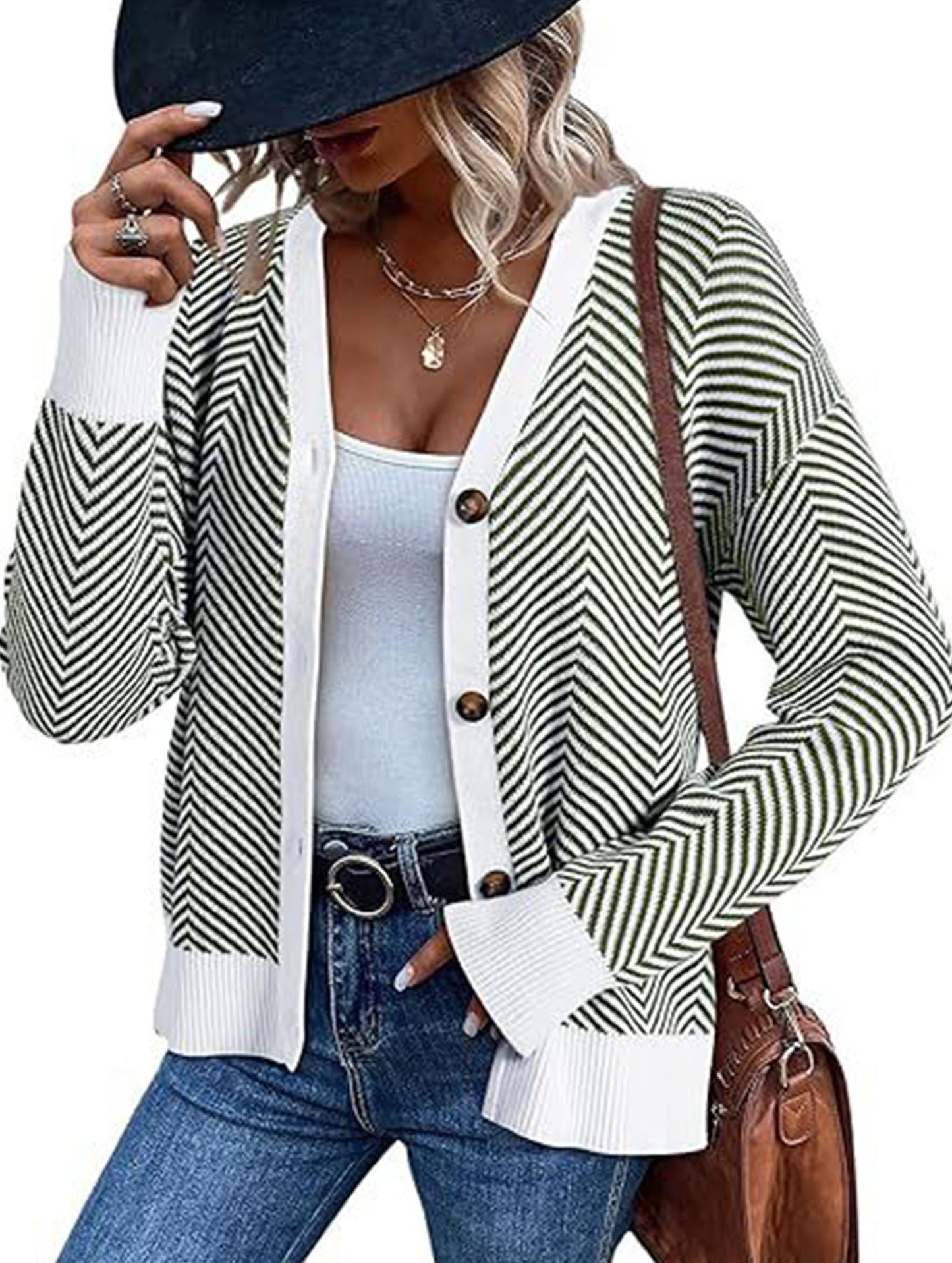 Striped V-neck loose knit cardigan