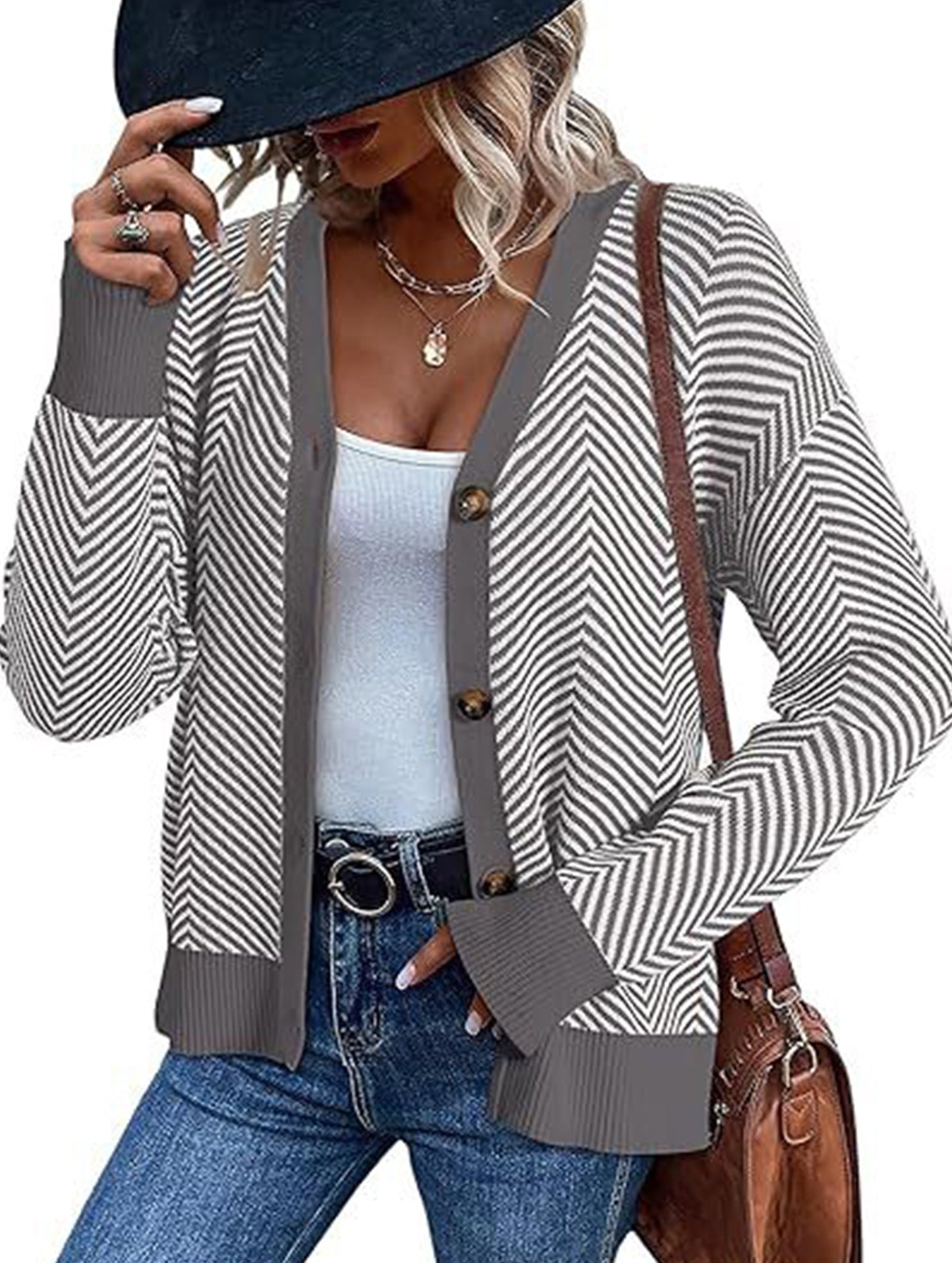Striped V-neck loose knit cardigan