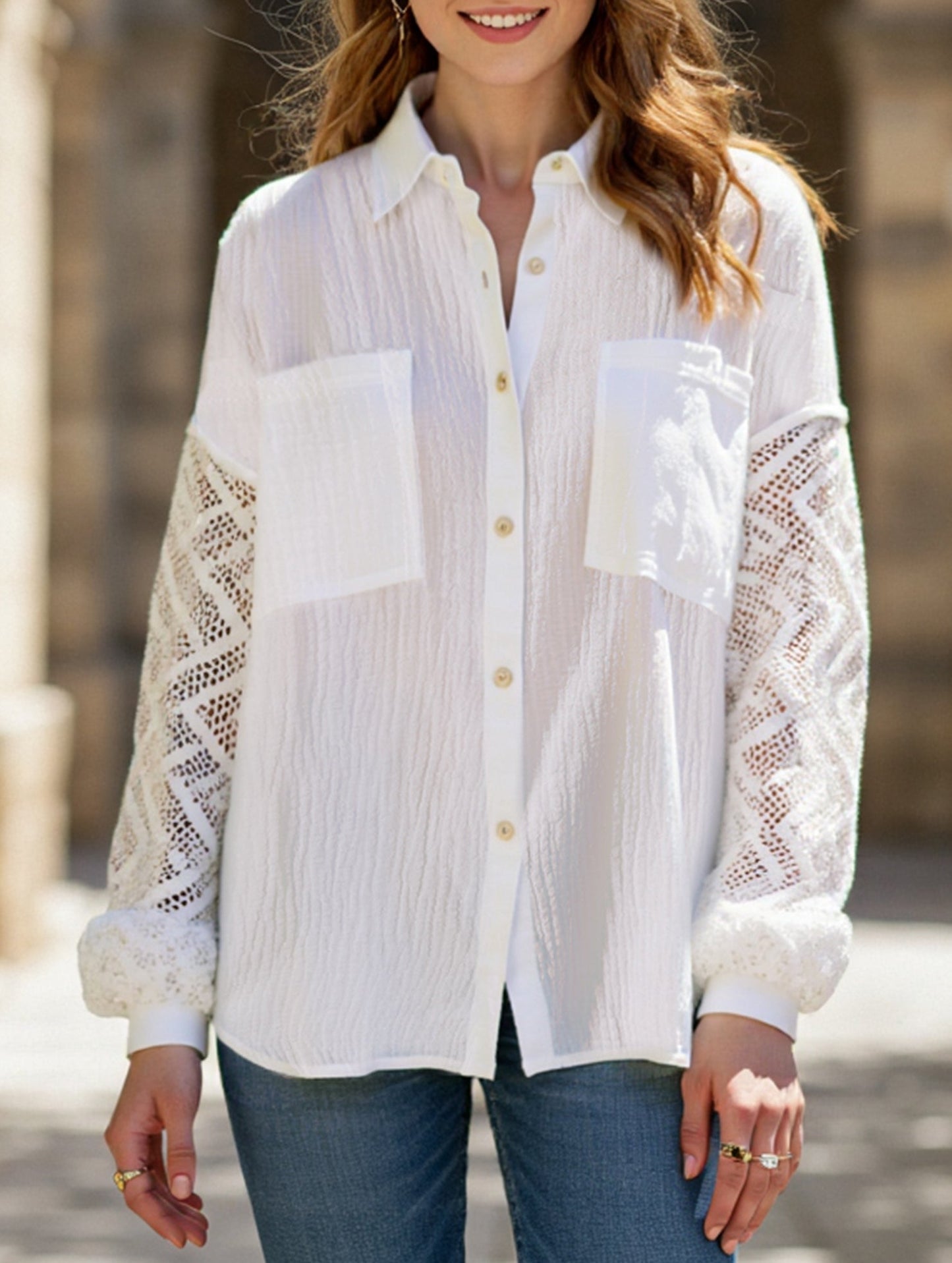 Loose lace panel long-sleeved cardigan