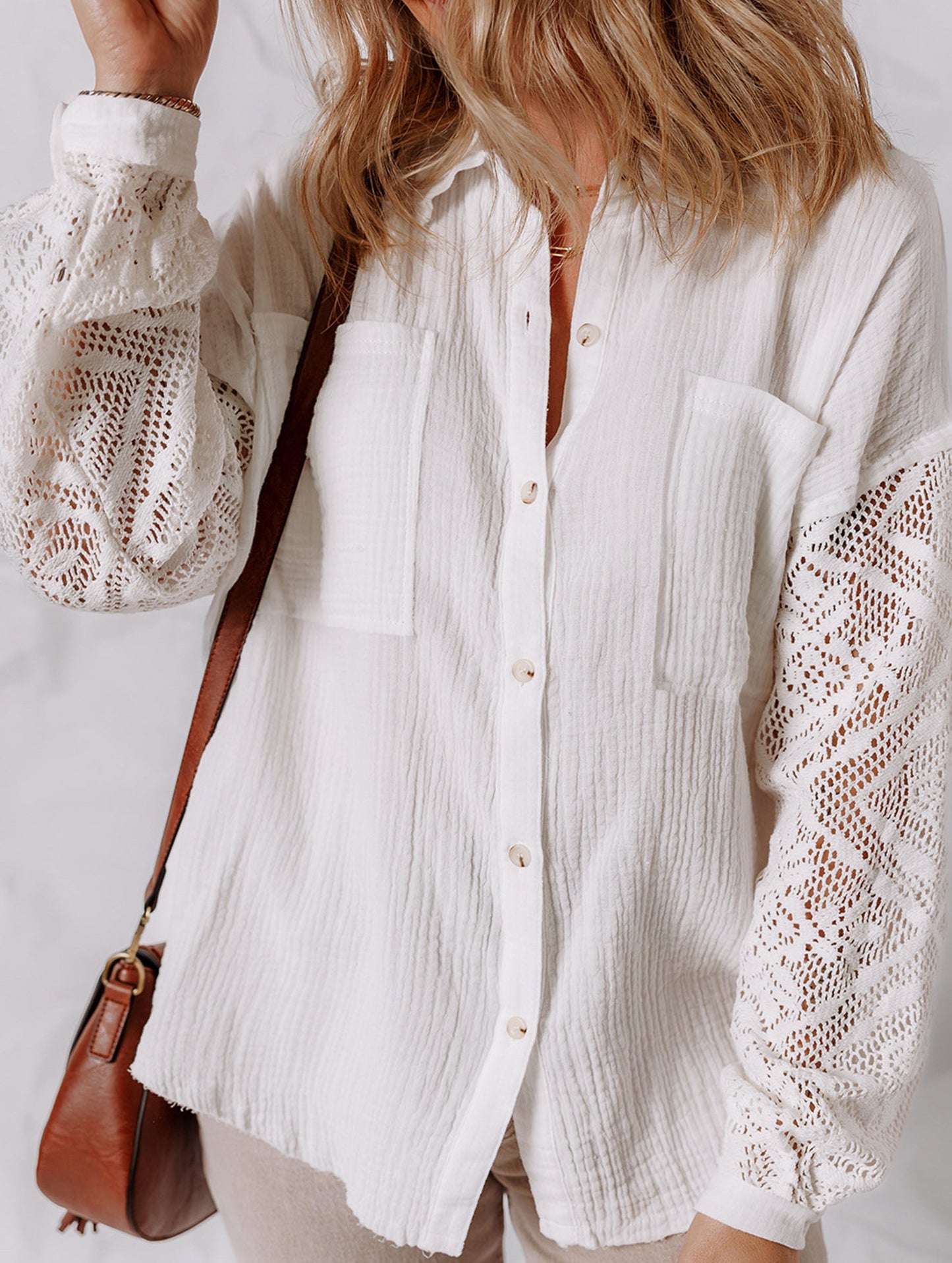 Loose lace panel long-sleeved cardigan