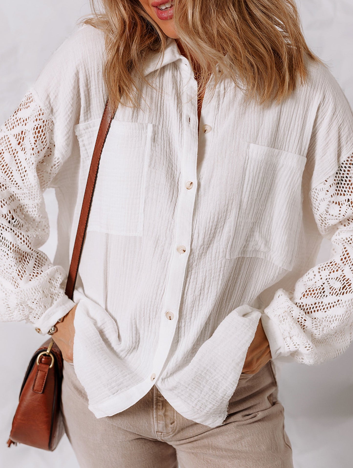 Loose lace panel long-sleeved cardigan