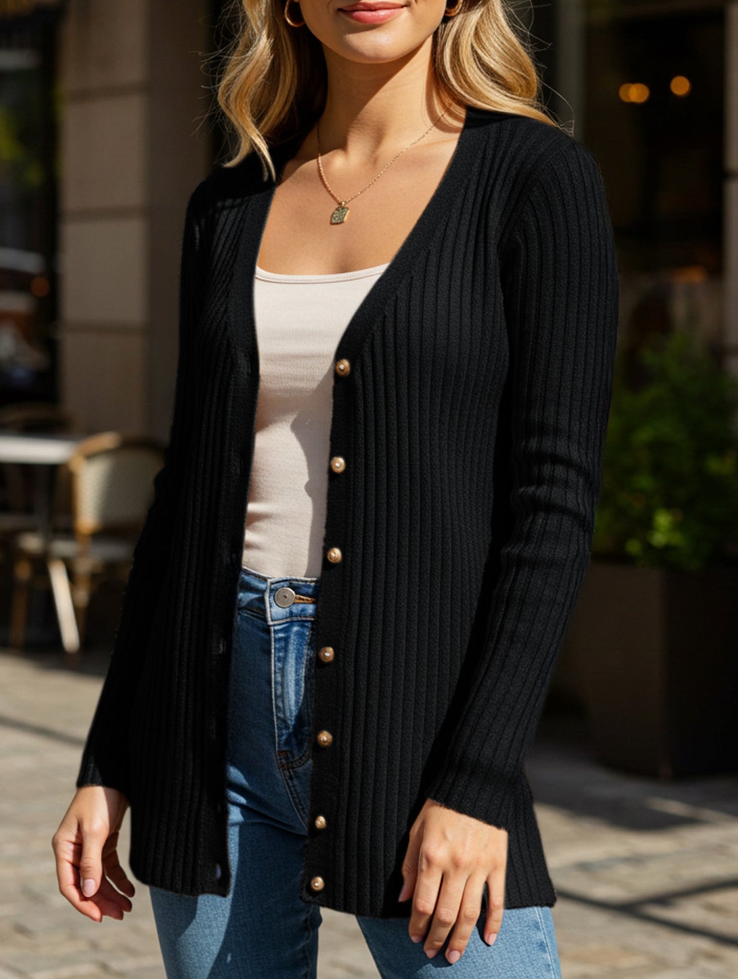 Solid color women's ribbed long-sleeved cardigan