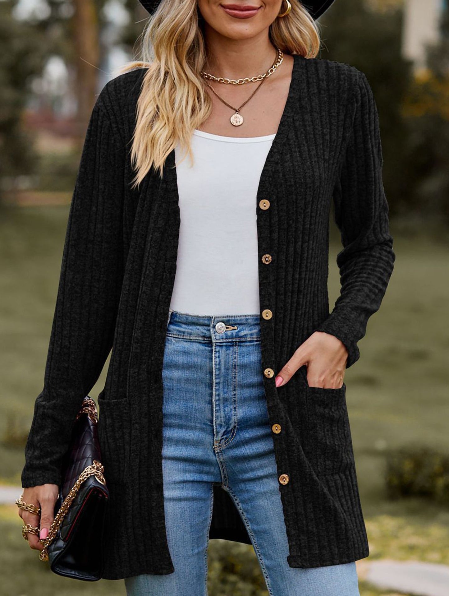 Solid color women's ribbed long-sleeved cardigan