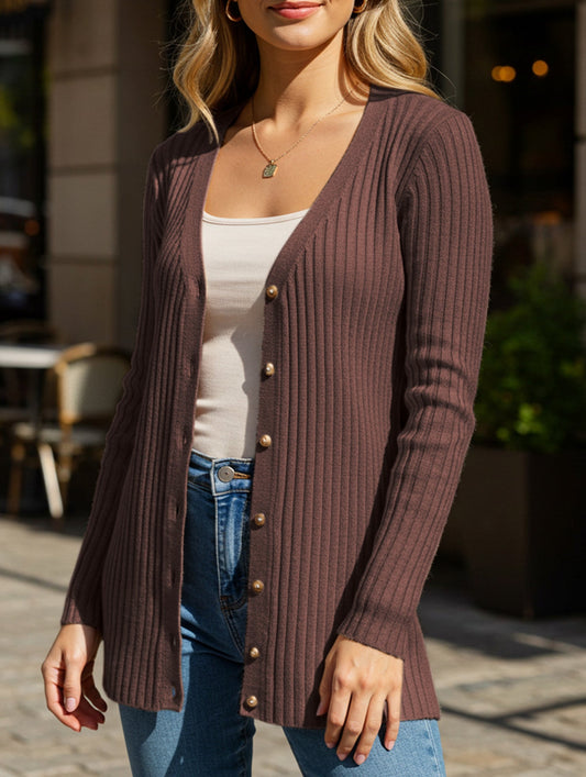 Solid color women's ribbed long-sleeved cardigan