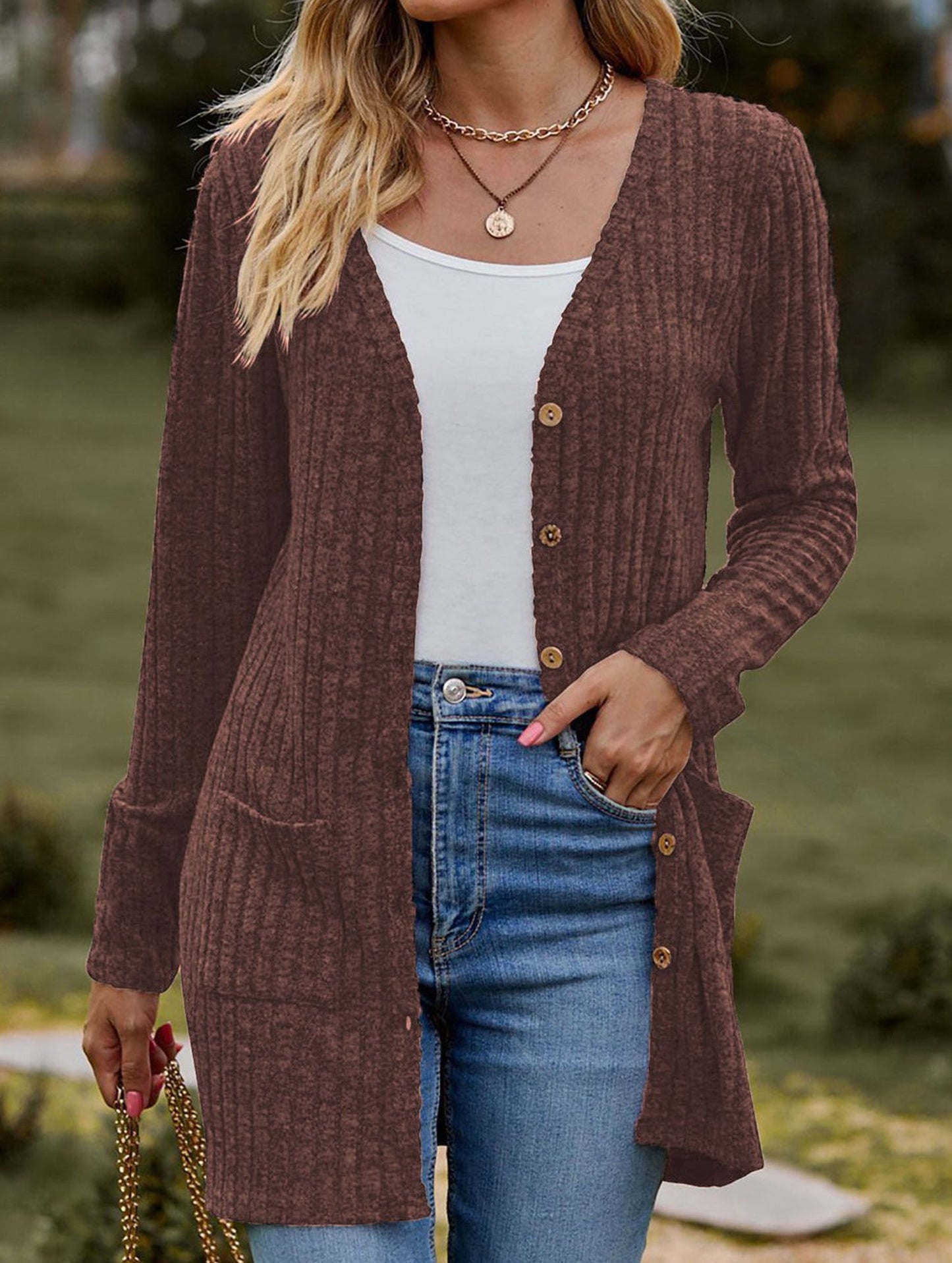 Solid color women's ribbed long-sleeved cardigan