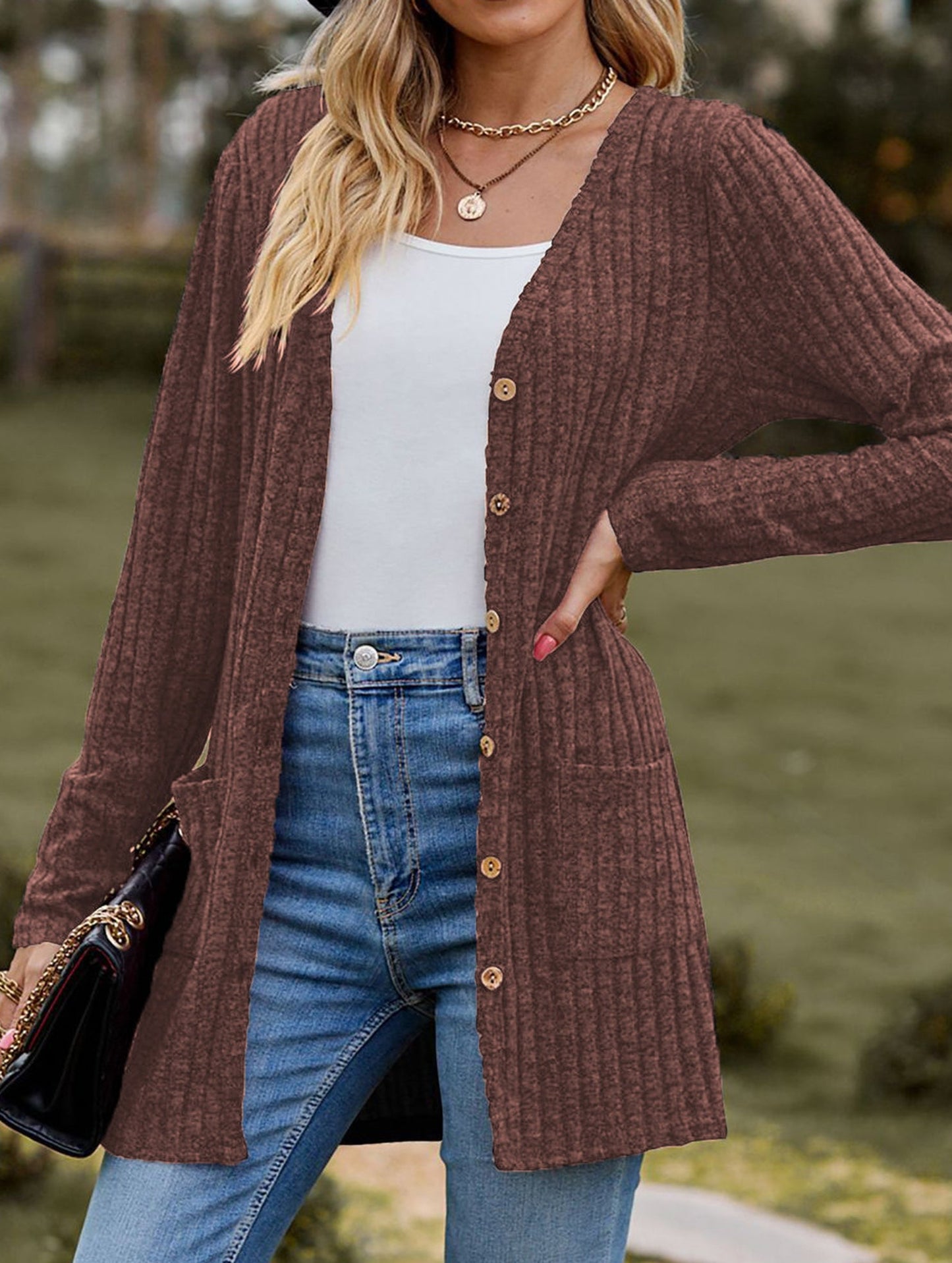Solid color women's ribbed long-sleeved cardigan