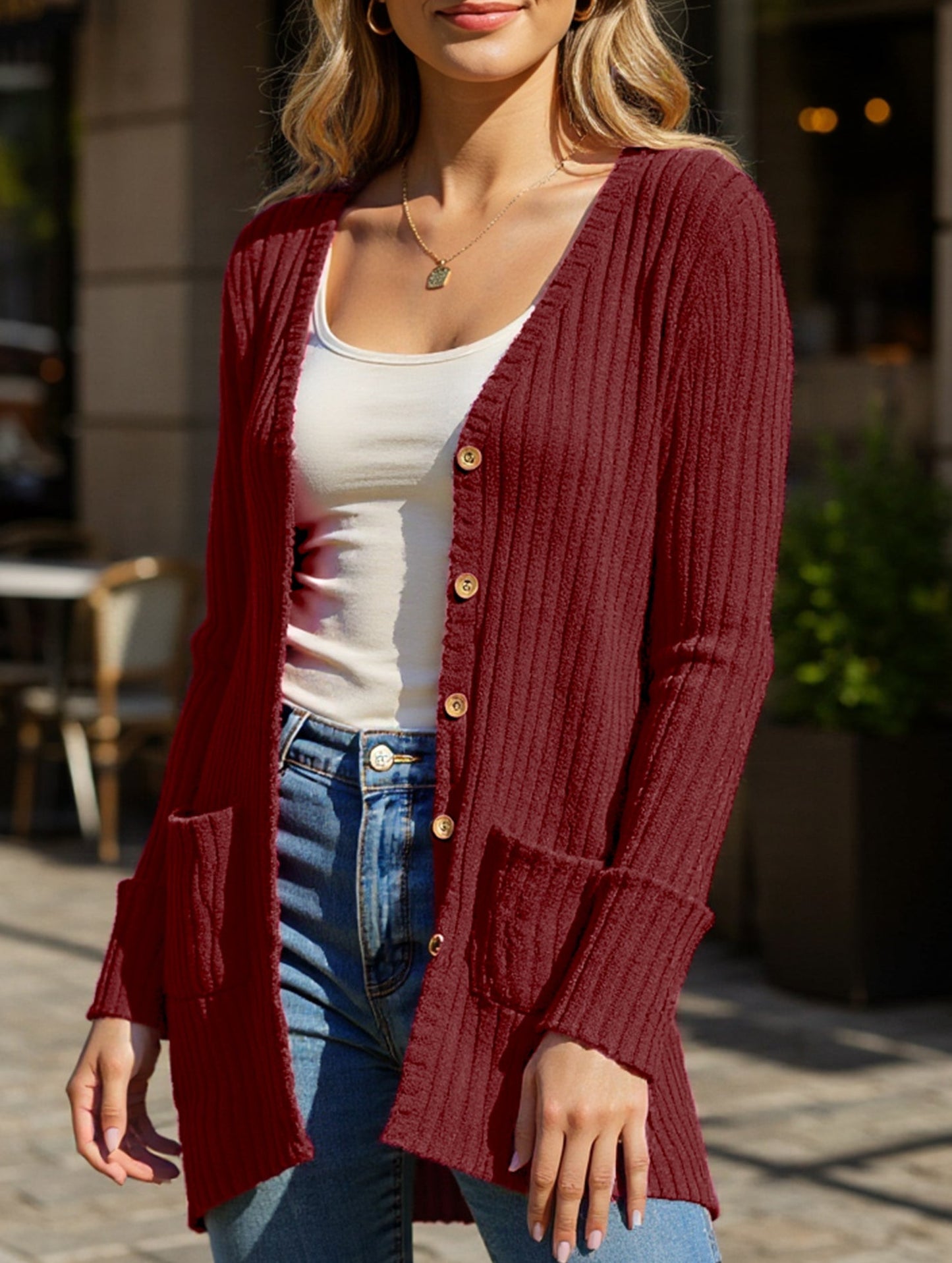 Solid color women's ribbed long-sleeved cardigan