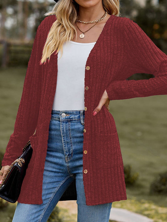 Solid color women's ribbed long-sleeved cardigan
