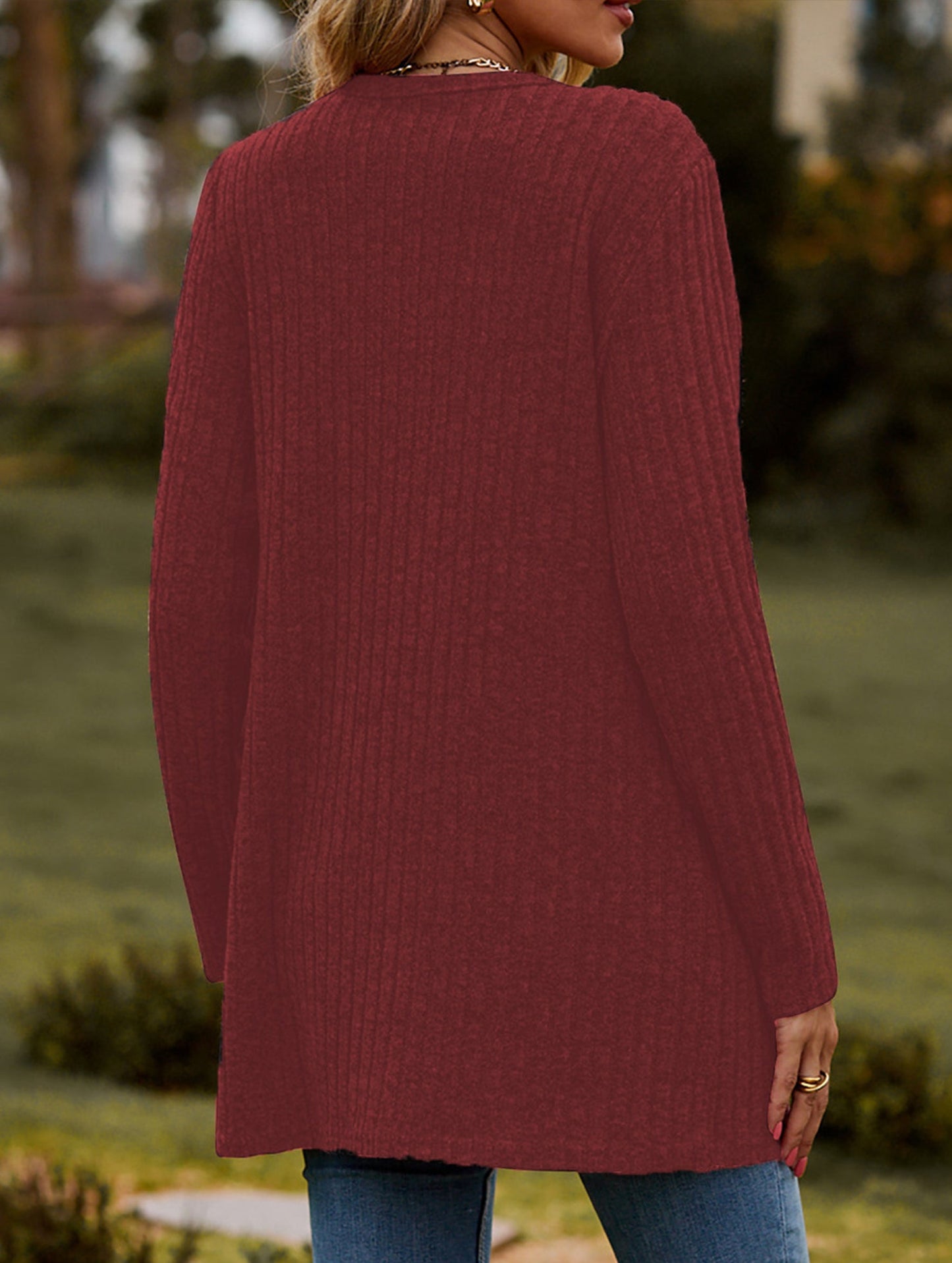 Solid color women's ribbed long-sleeved cardigan