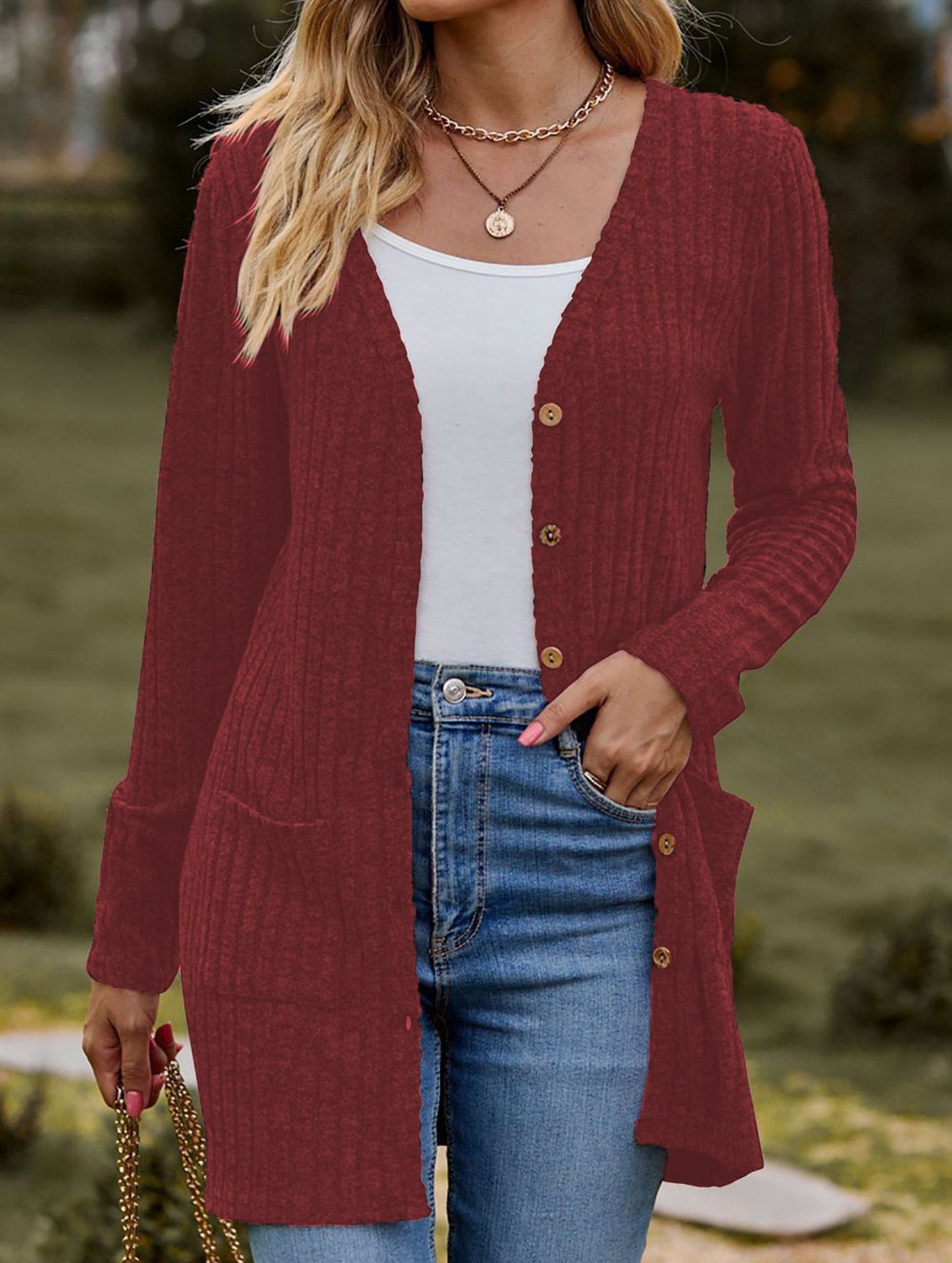 Solid color women's ribbed long-sleeved cardigan