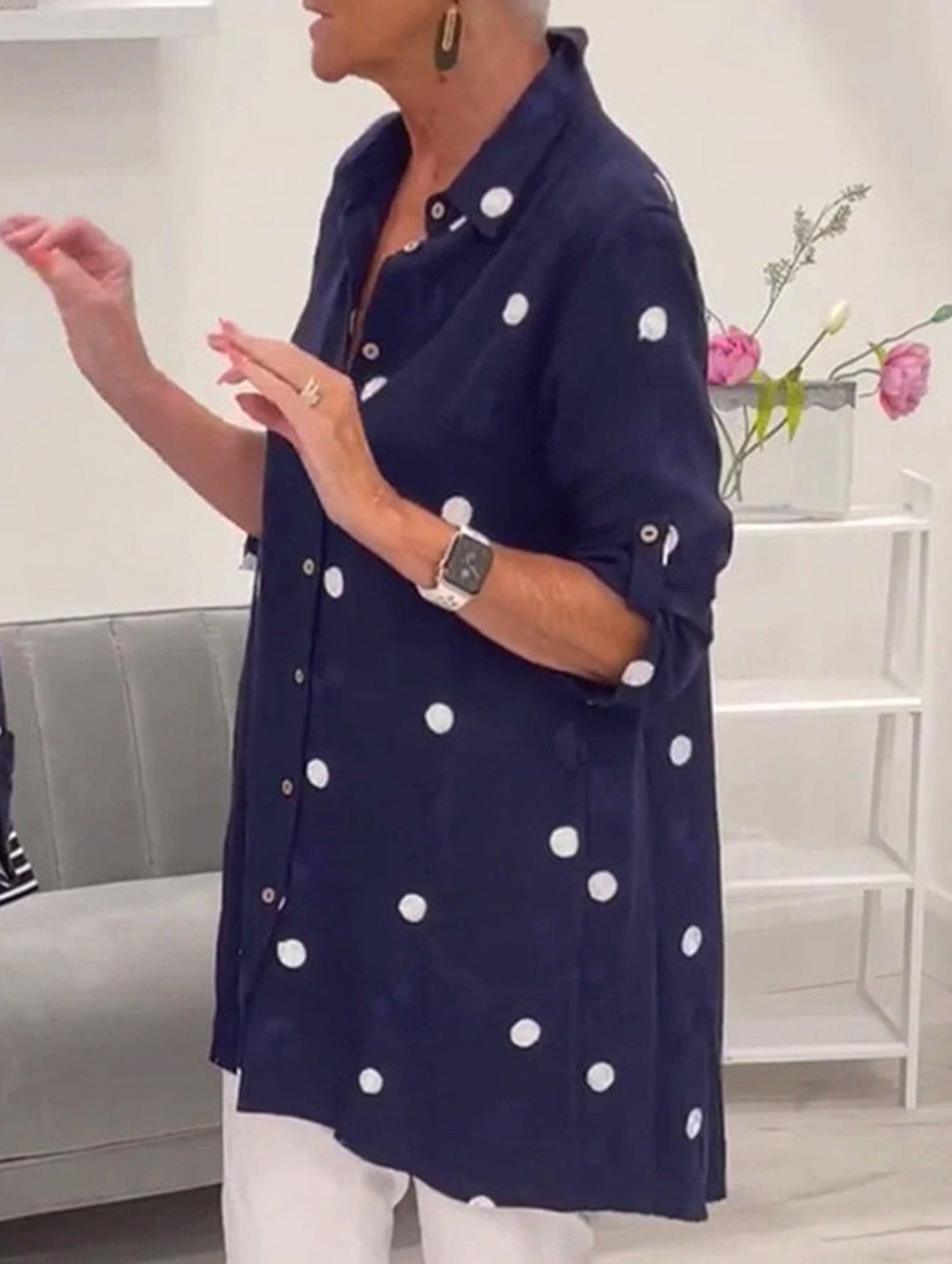 Simple lapel long-sleeved polka dot shirt