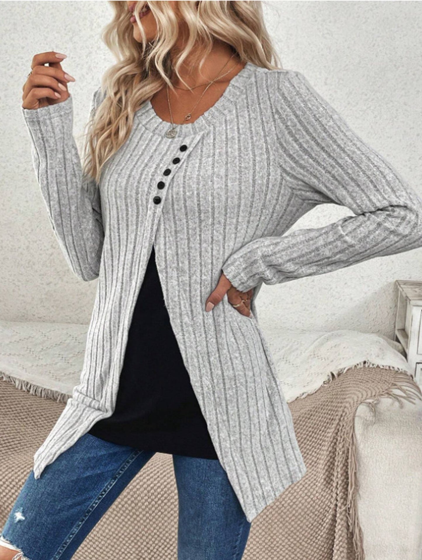 Textured casual crew neck long-sleeved sweatshirt