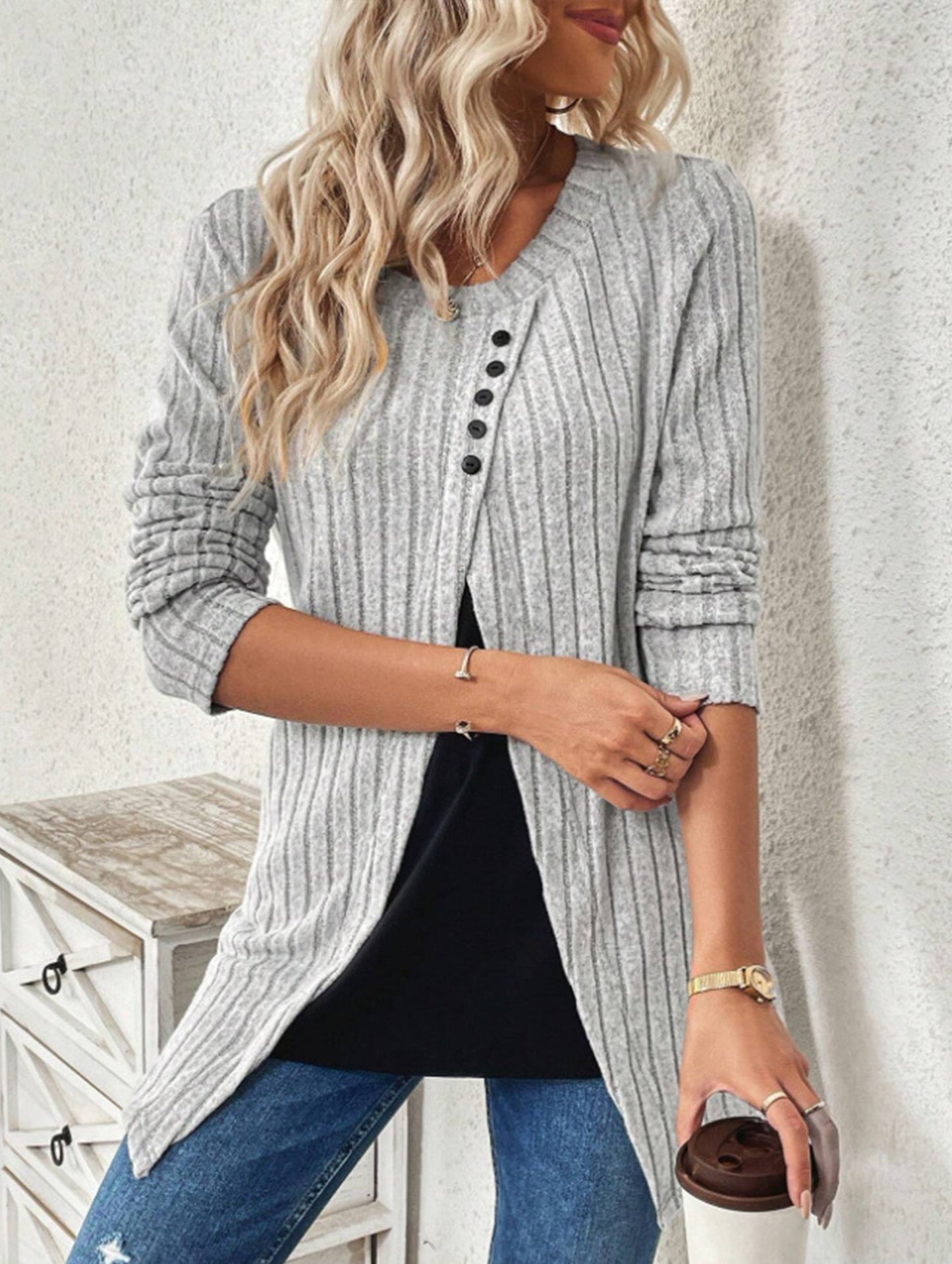 Textured casual crew neck long-sleeved sweatshirt
