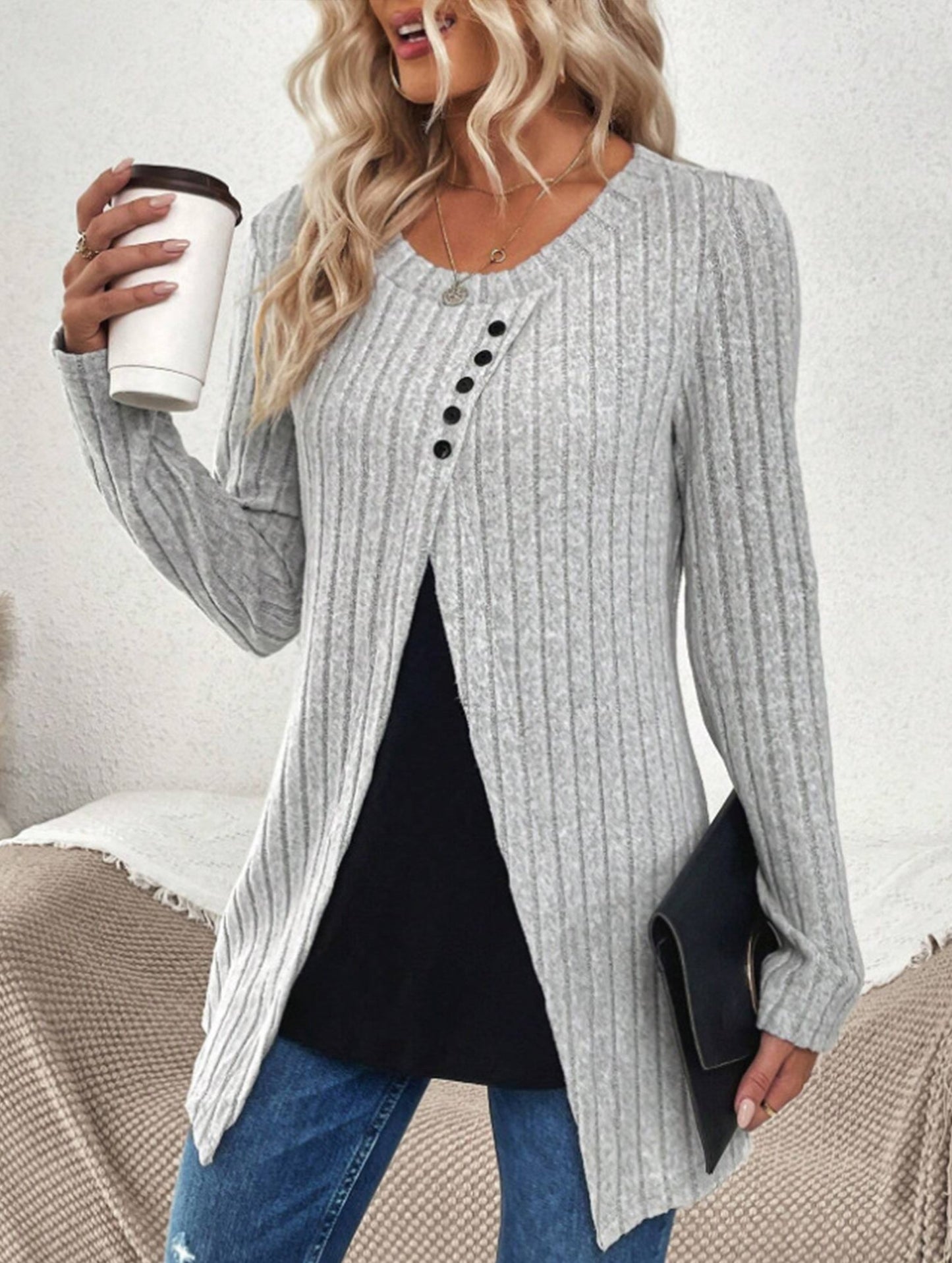 Textured casual crew neck long-sleeved sweatshirt