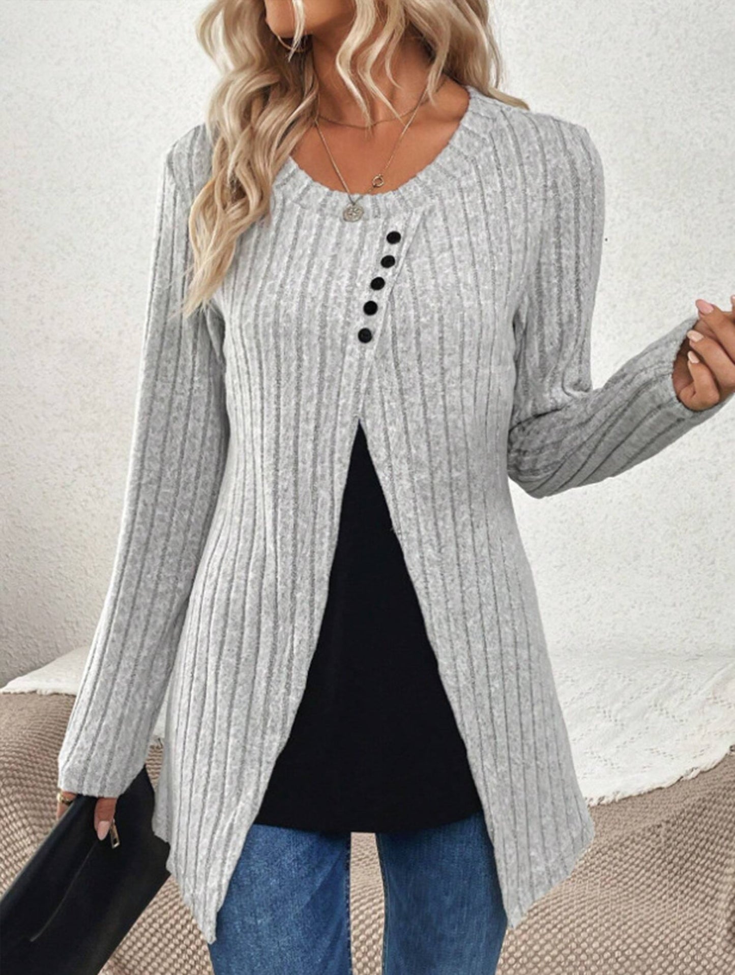 Textured casual crew neck long-sleeved sweatshirt