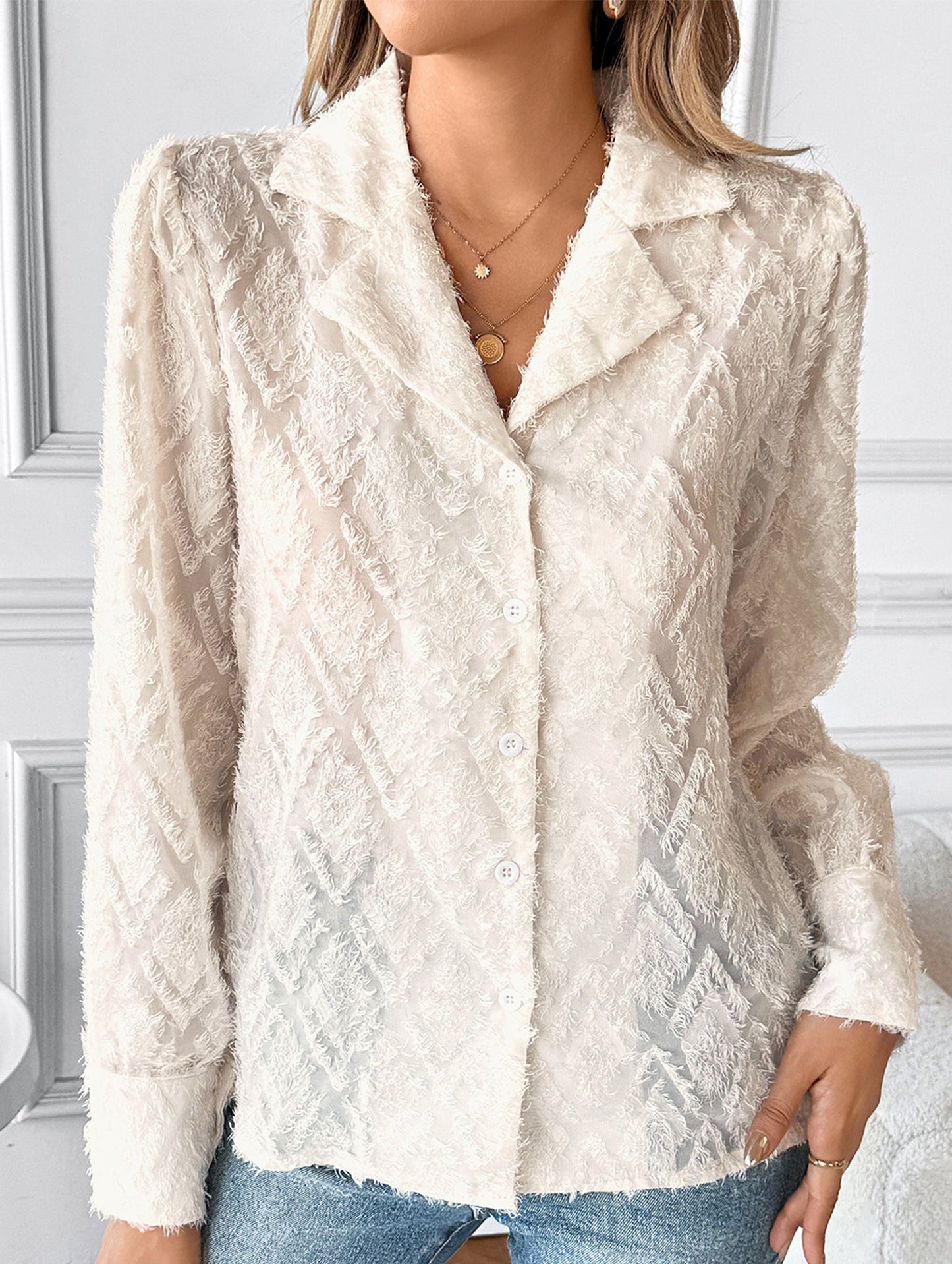 Diamond check suit collar cardigan long-sleeved shirt