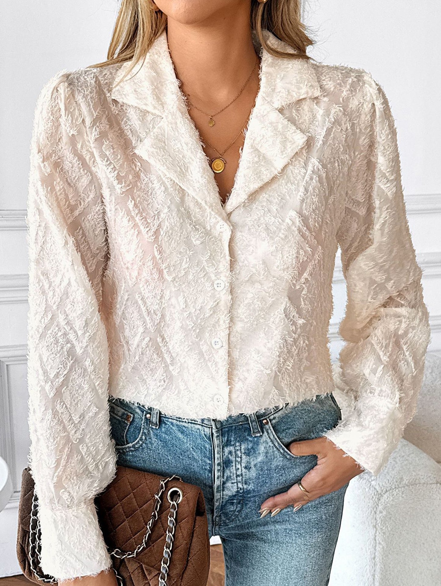 Diamond check suit collar cardigan long-sleeved shirt