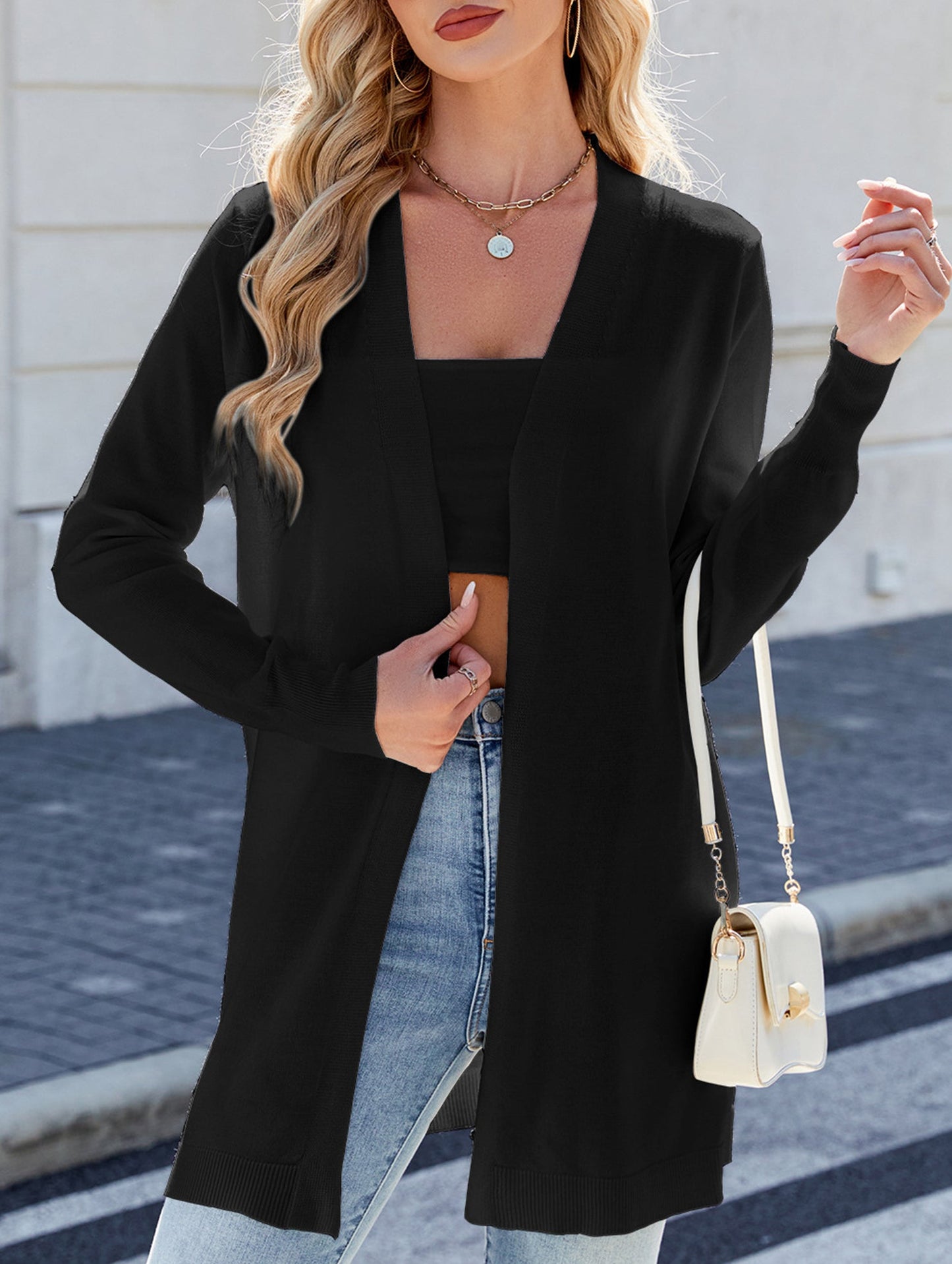 Long knitted striped cardigan sweater