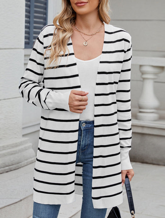 Long knitted striped cardigan sweater