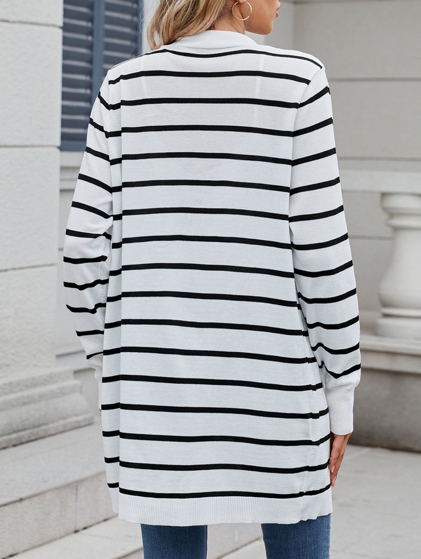 Long knitted striped cardigan sweater