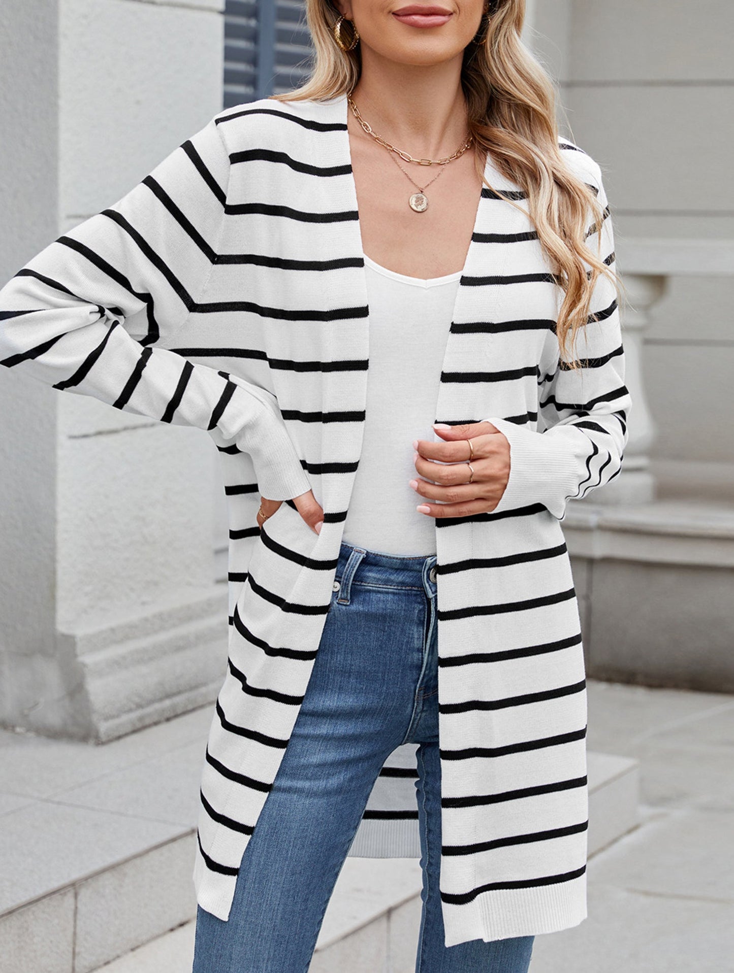 Long knitted striped cardigan sweater