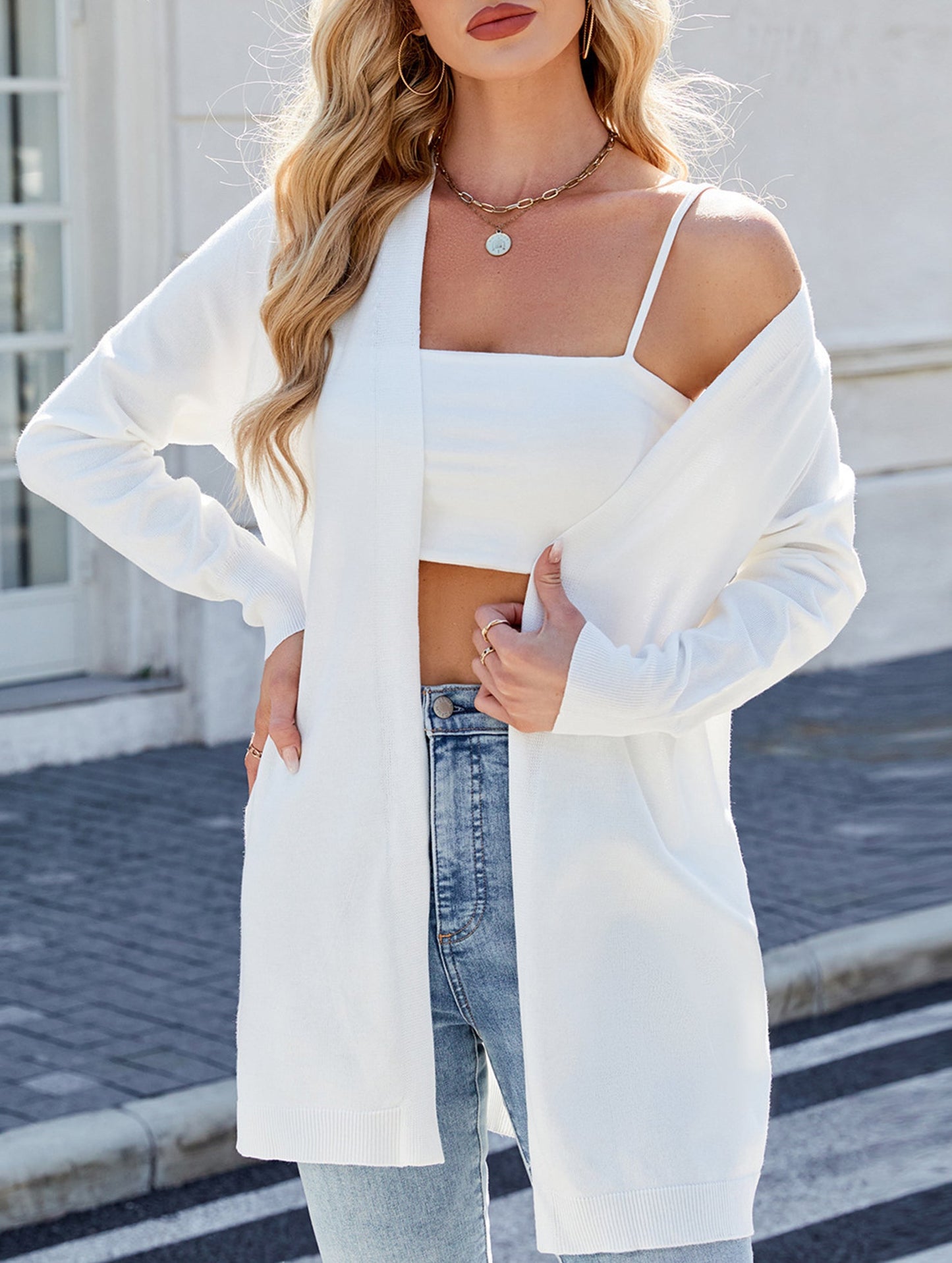 Long knitted striped cardigan sweater