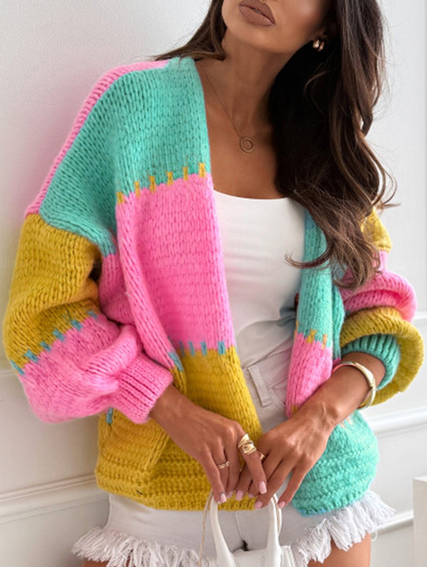 Contrast color panel loose knit cardigan