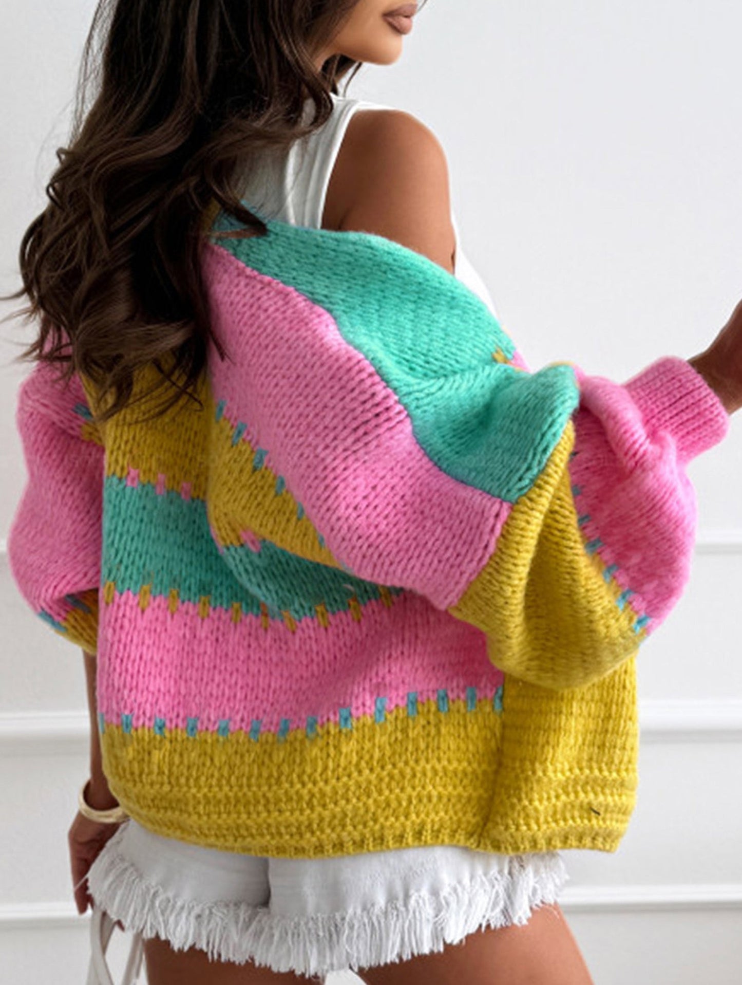 Contrast color panel loose knit cardigan