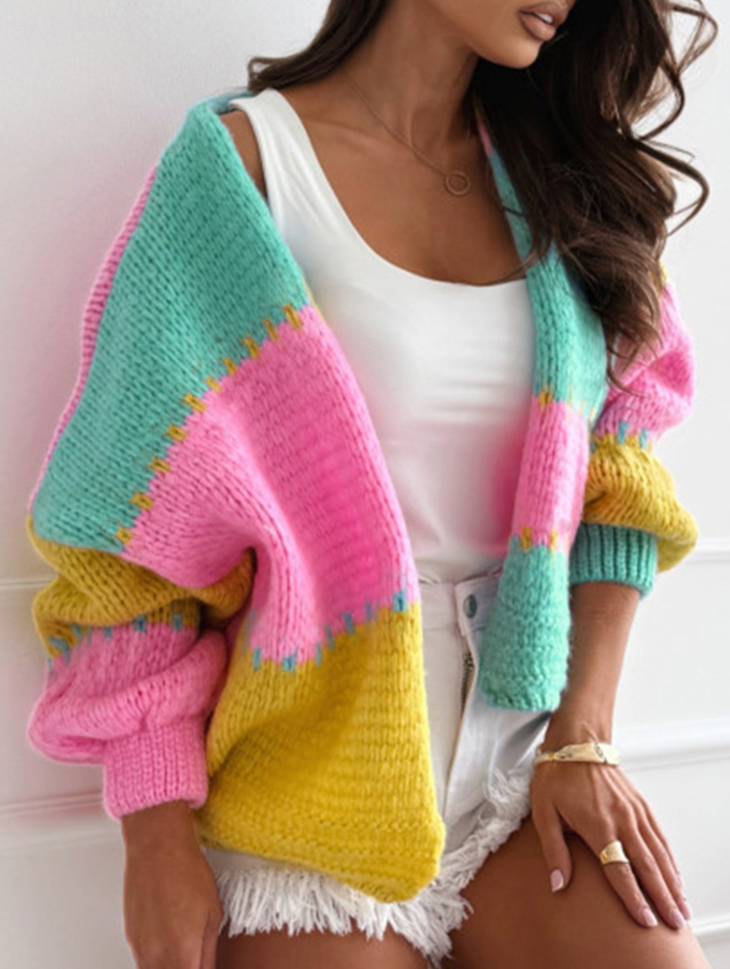 Contrast color panel loose knit cardigan