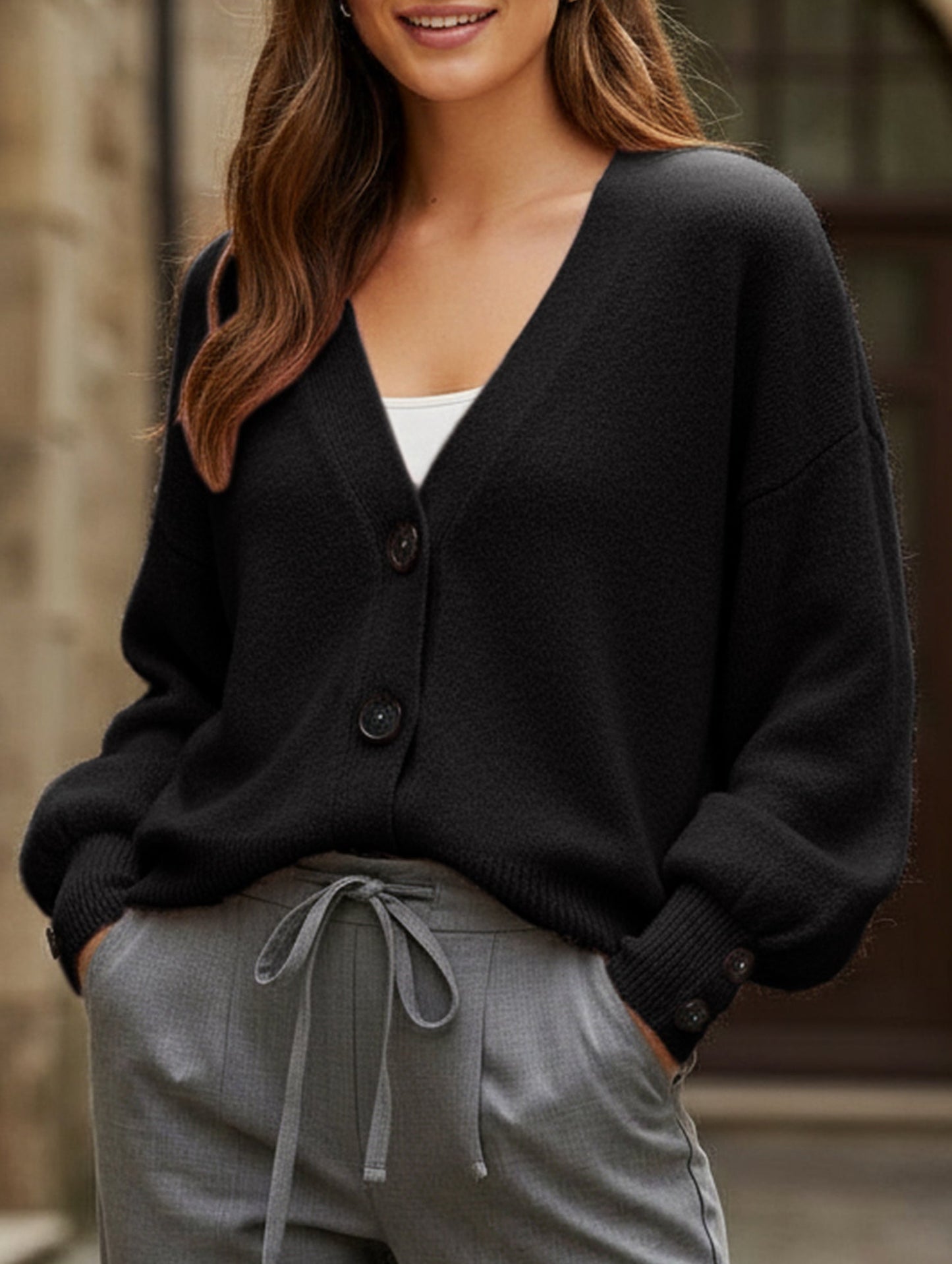 Simple button solid color long-sleeved sweater