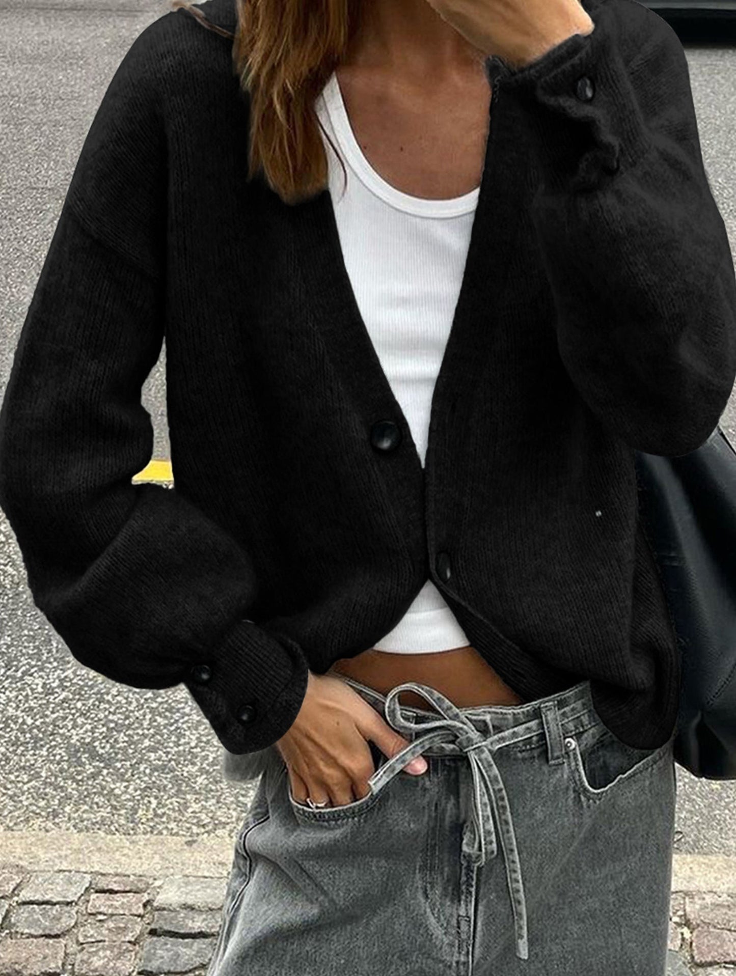 Simple button solid color long-sleeved sweater