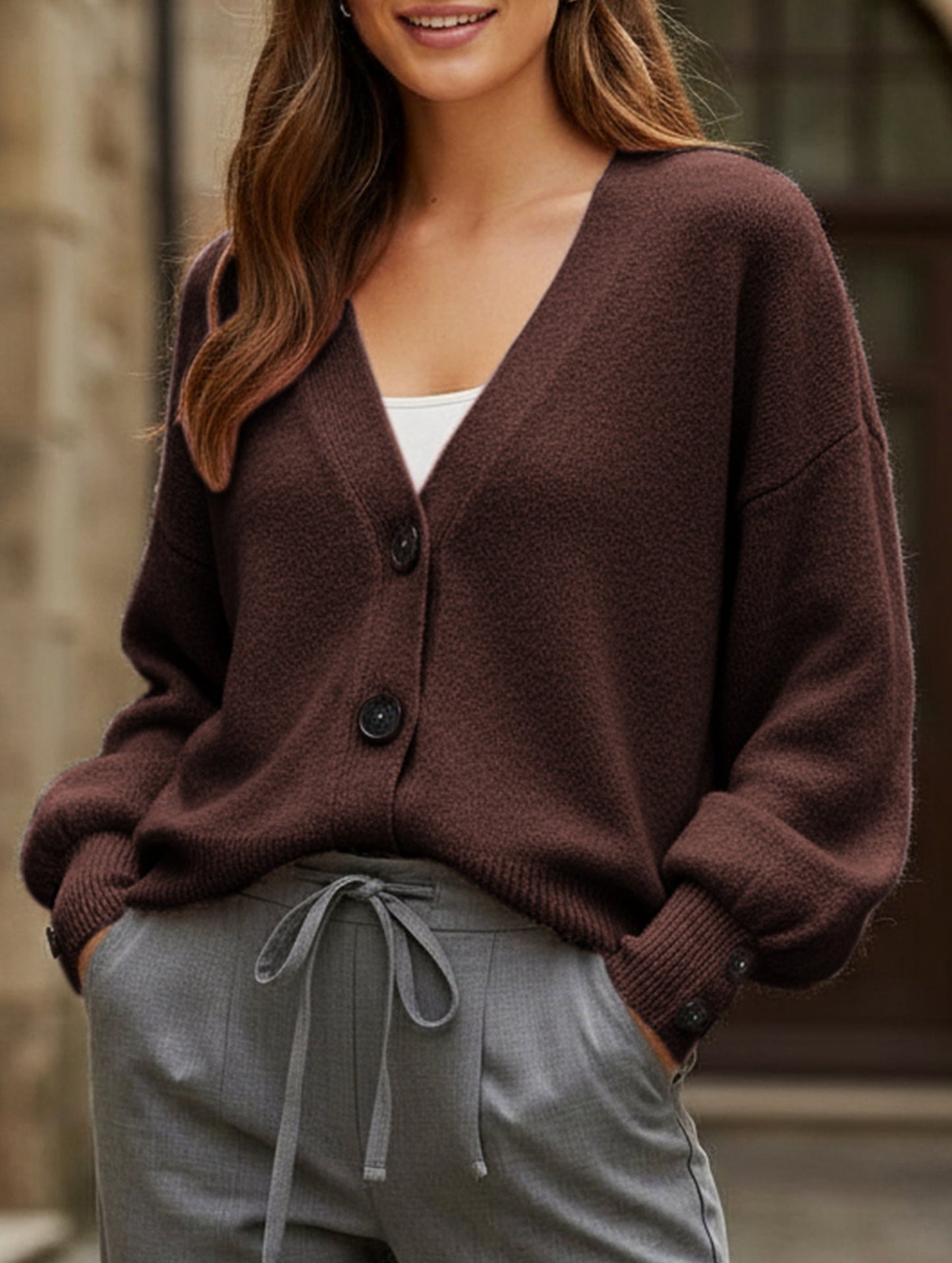 Simple button solid color long-sleeved sweater