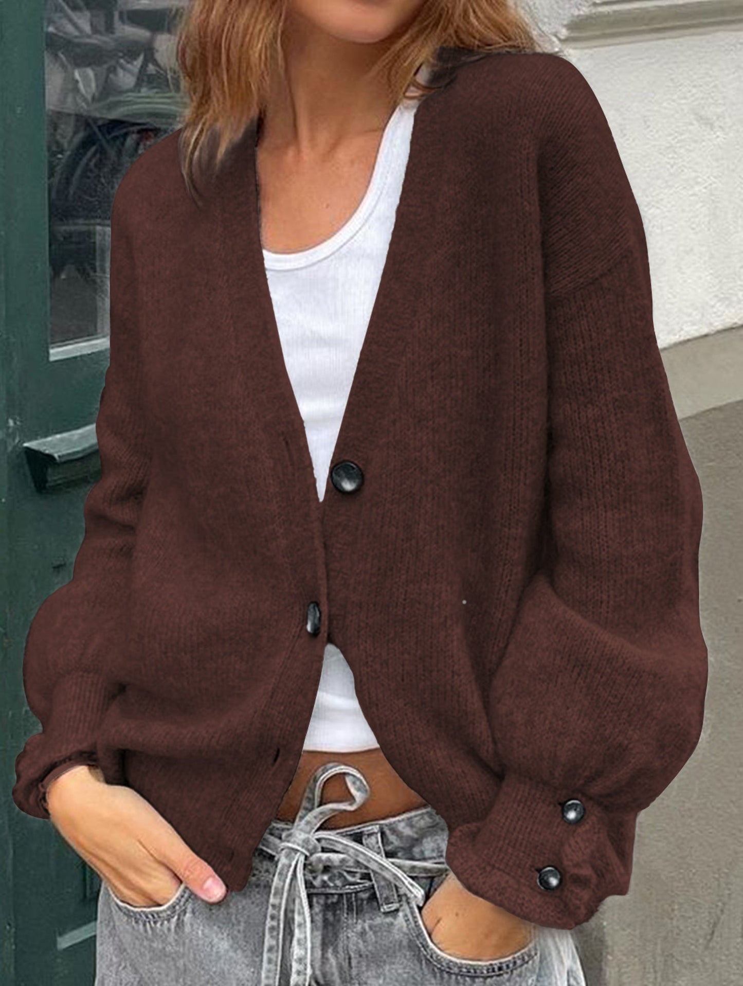 Simple button solid color long-sleeved sweater