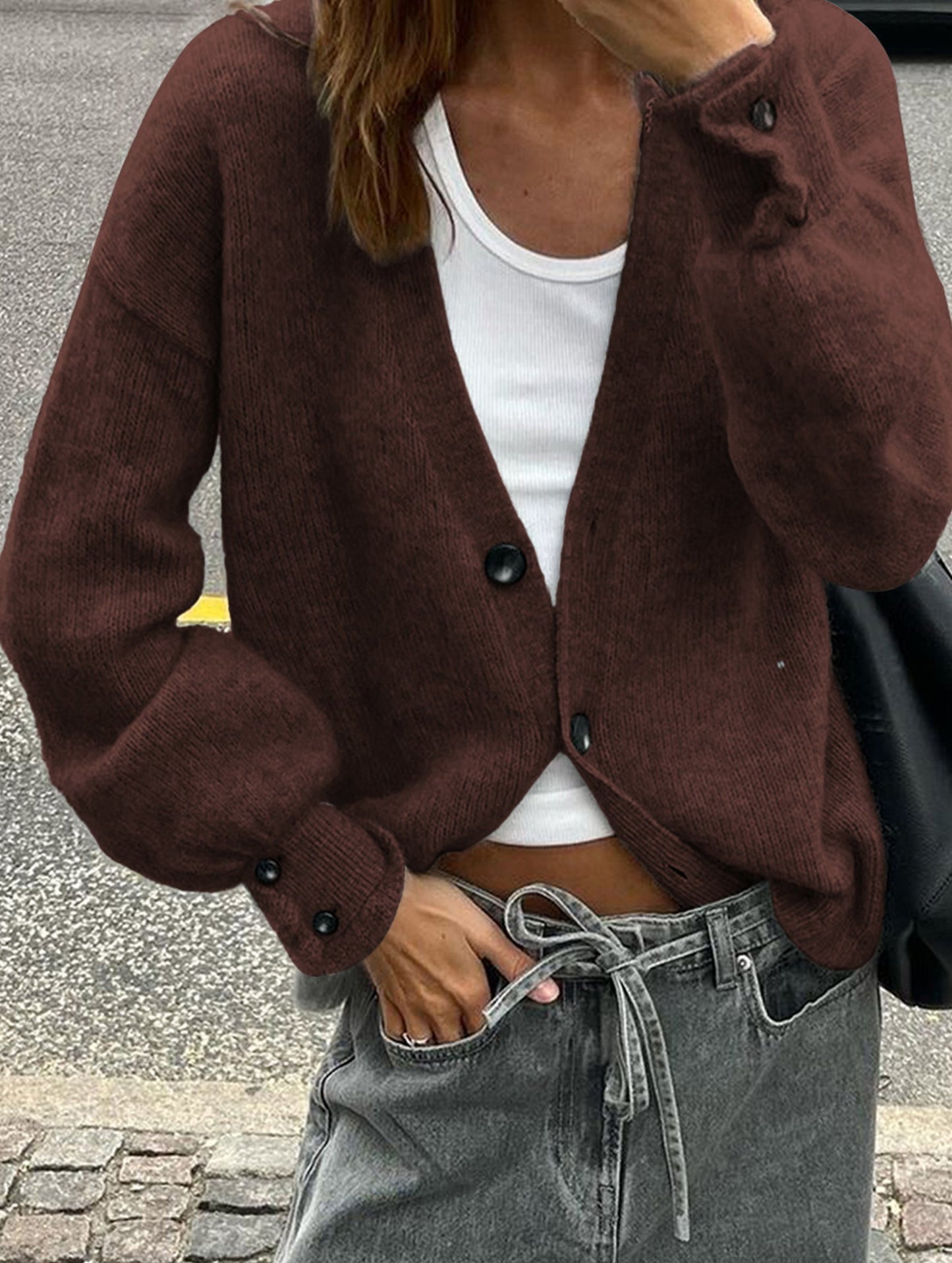 Simple button solid color long-sleeved sweater