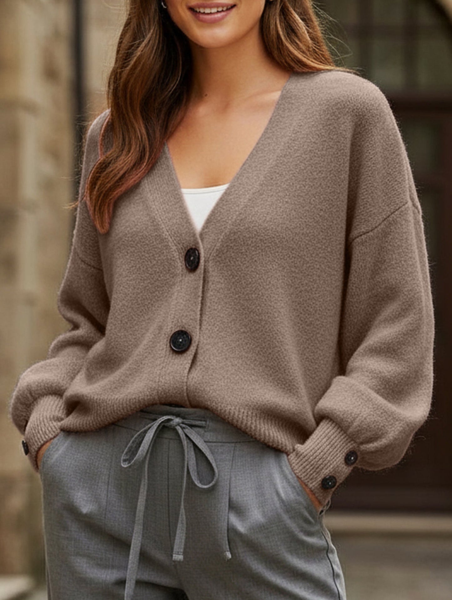 Simple button solid color long-sleeved sweater