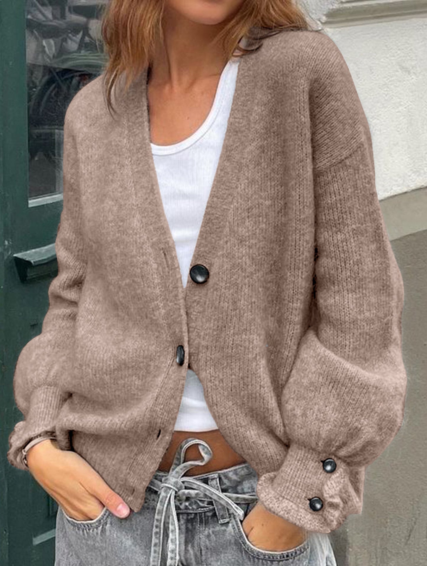 Simple button solid color long-sleeved sweater