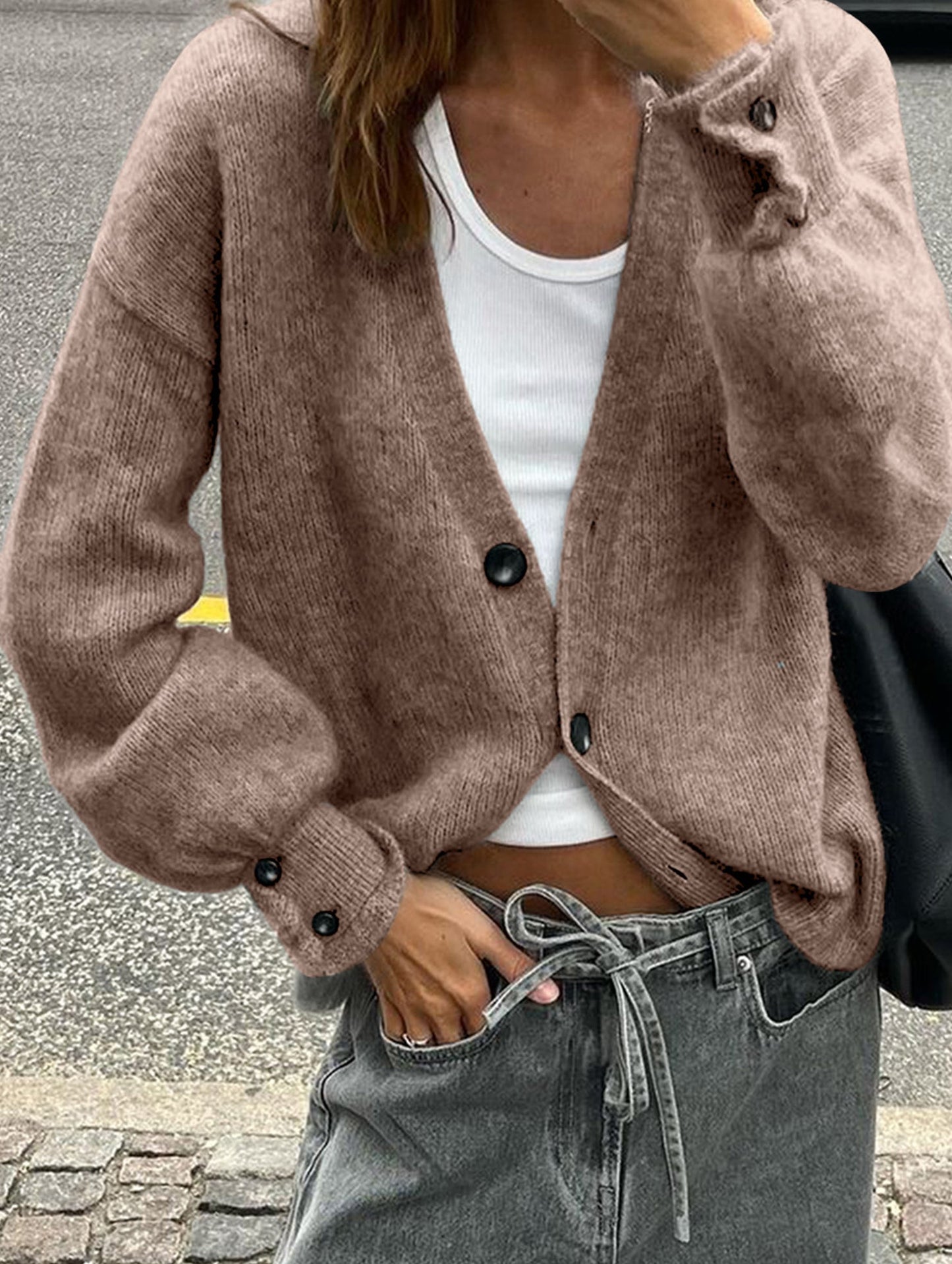 Simple button solid color long-sleeved sweater