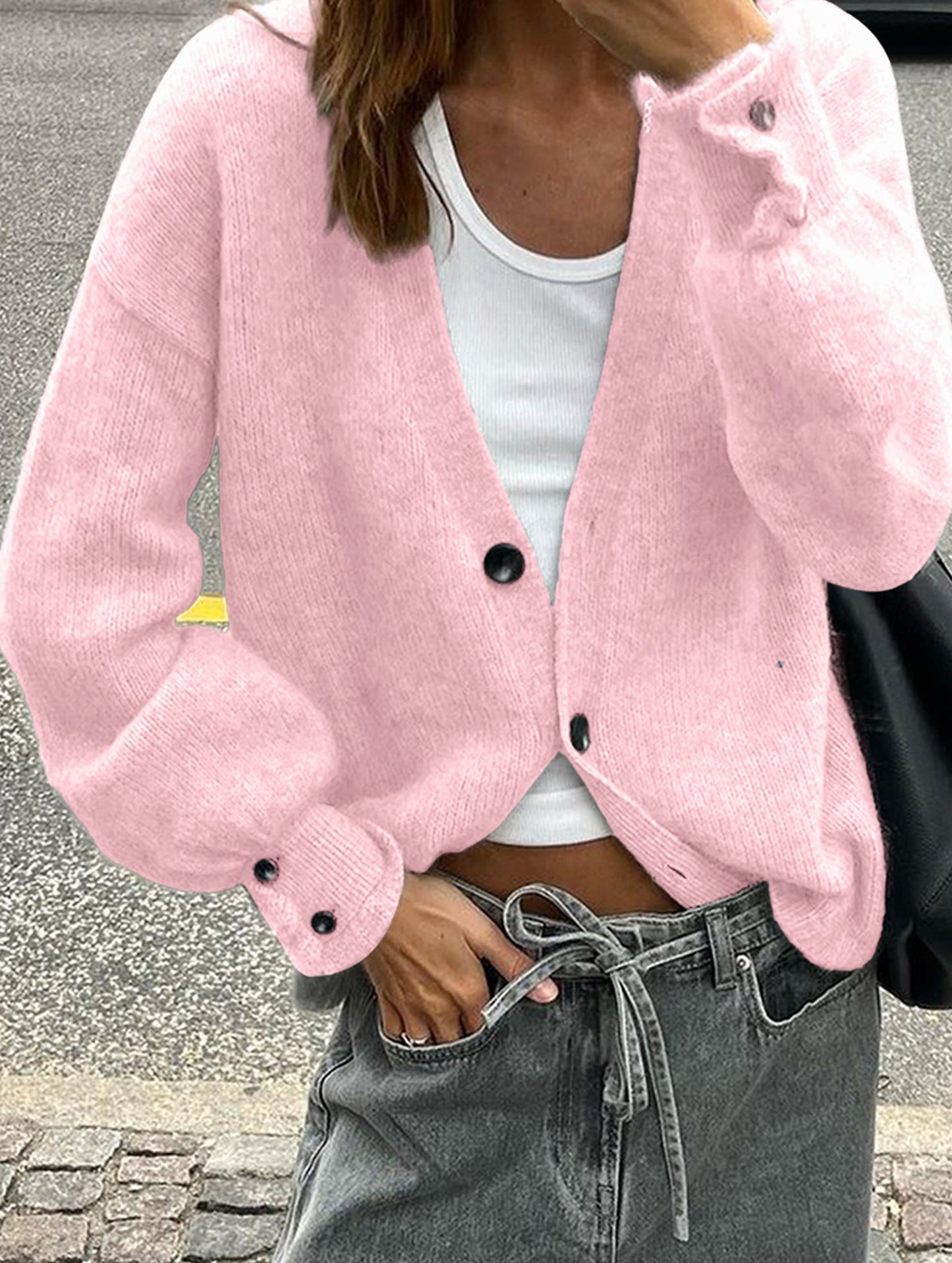 Simple button solid color long-sleeved sweater